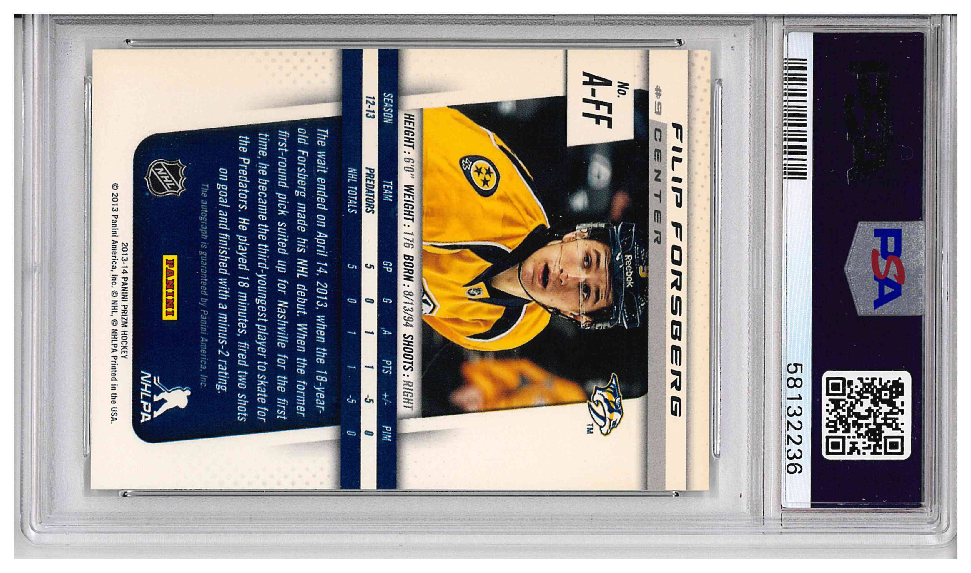 2013 PANINI PRIZM ROOKIE AUTOGRAPHS #A-FF FILIP FORSBERG, reverse