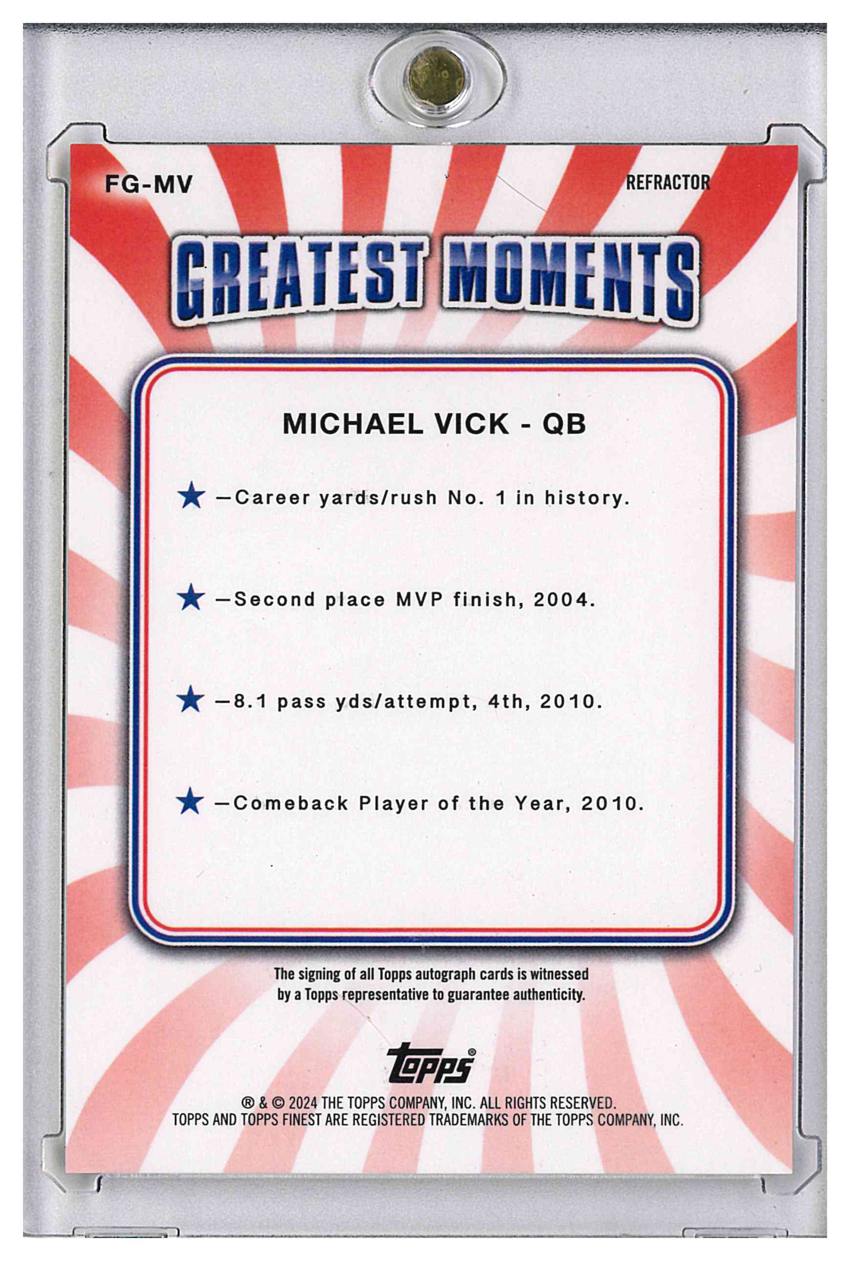 2024 Topps Finest Greats Autographs FG-MV Michael Vick Refractor, reverse
