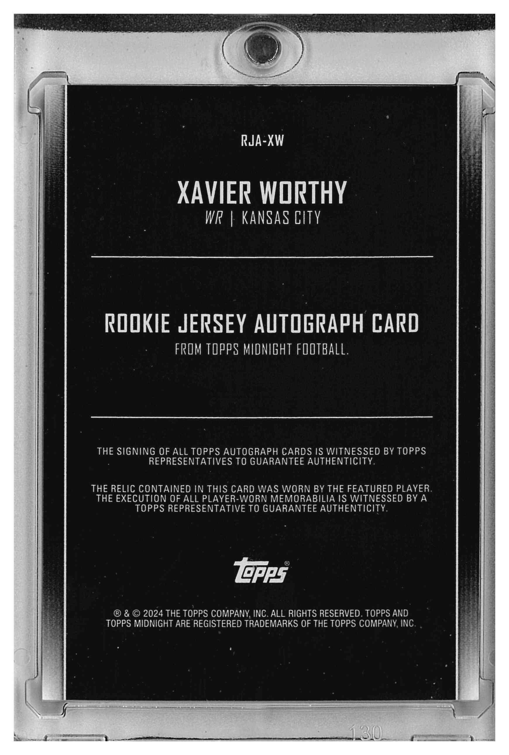 2024 Topps Midnight Rookie Jersey Autograph RJAXW Xavier Worthy Twilight 18/99, reverse