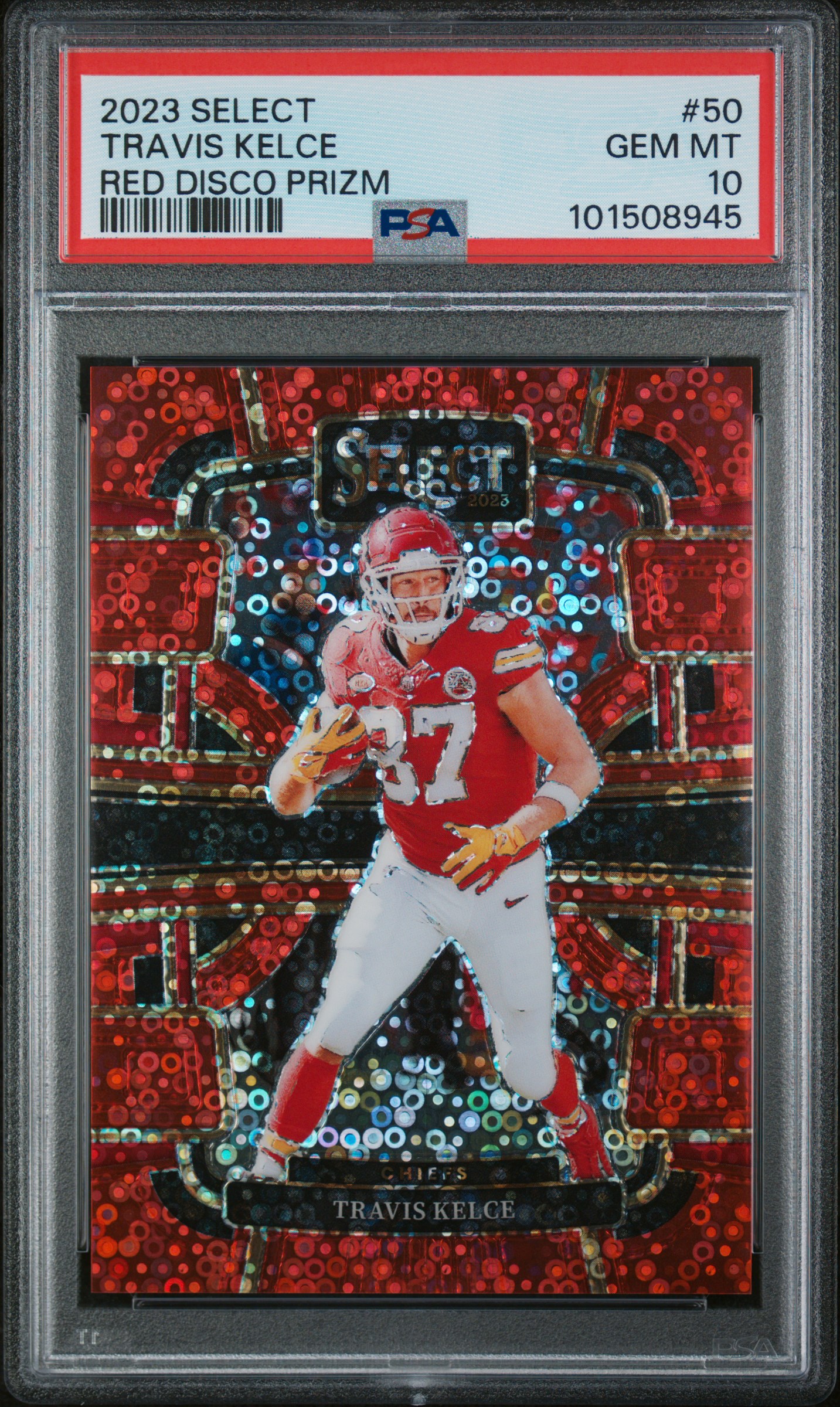 2023 PANINI SELECT #50 TRAVIS KELCE RED DISCO PRIZM 40/49