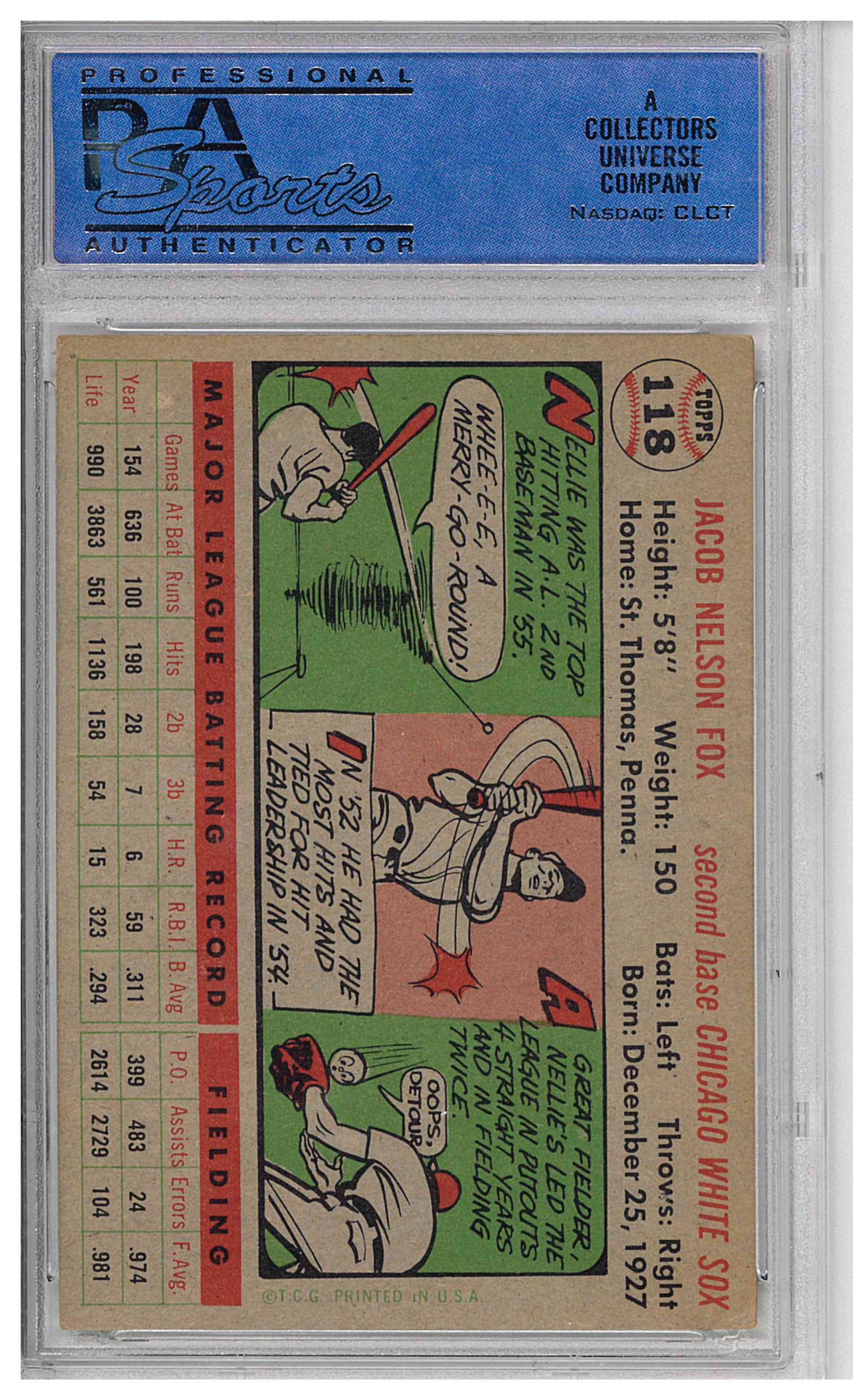 1956 TOPPS #118 NELLIE FOX GRAY BACK, reverse