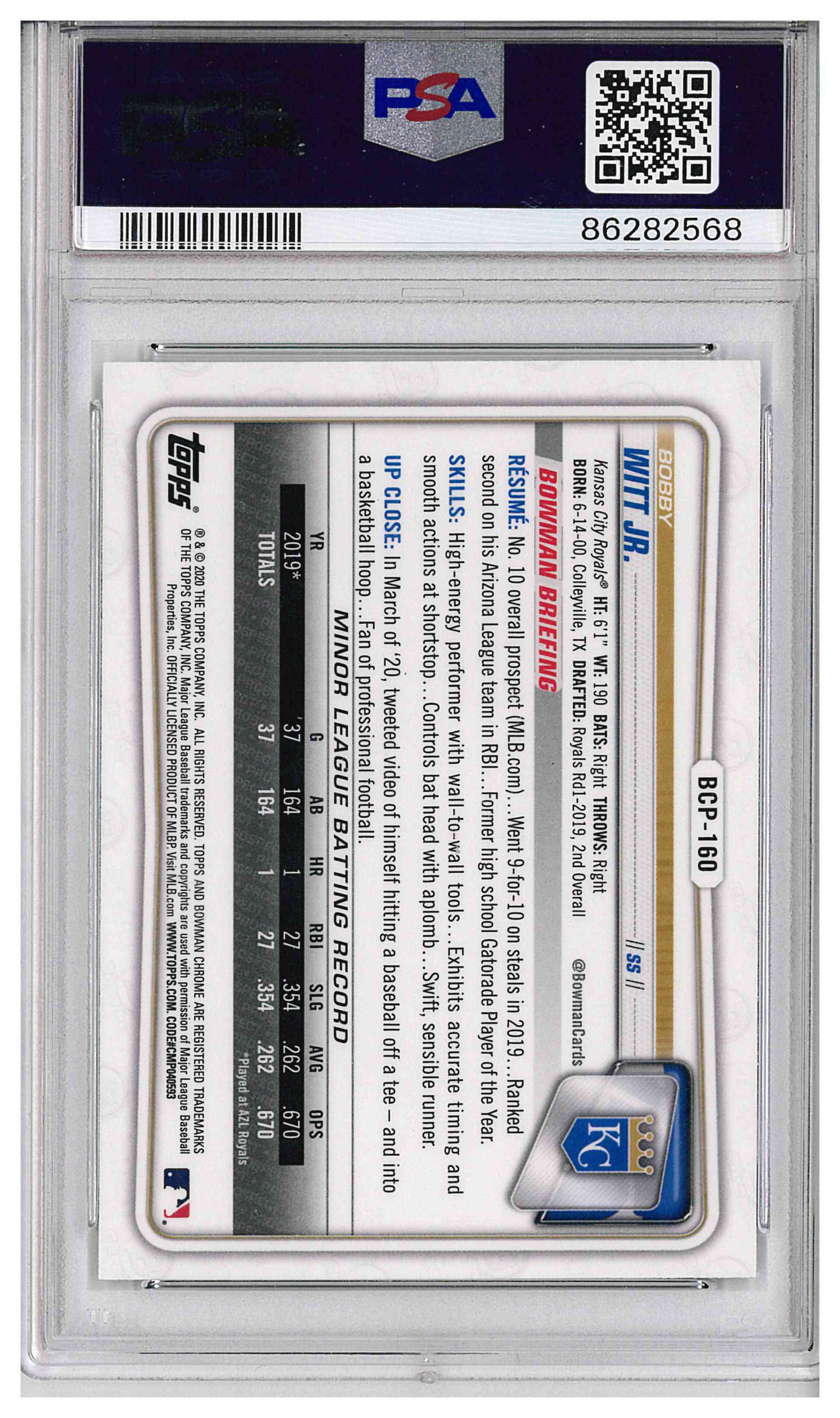 2020 Bowman Chrome Mega Box Bobby Witt Jr ROOKIE #BCP 150 PSA 10 GEM MINT, reverse