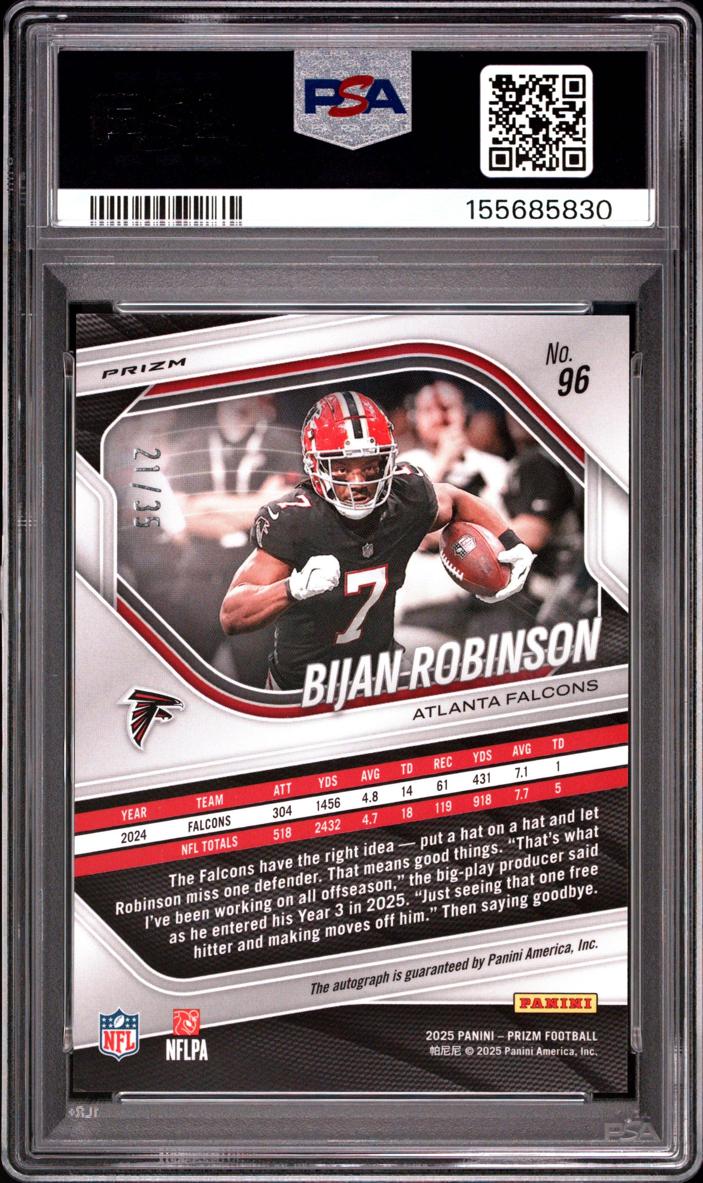 2025 PANINI PRIZM #96 BIJAN ROBINSON AUTOGRAPH-RED SHIMMER 21/35, reverse