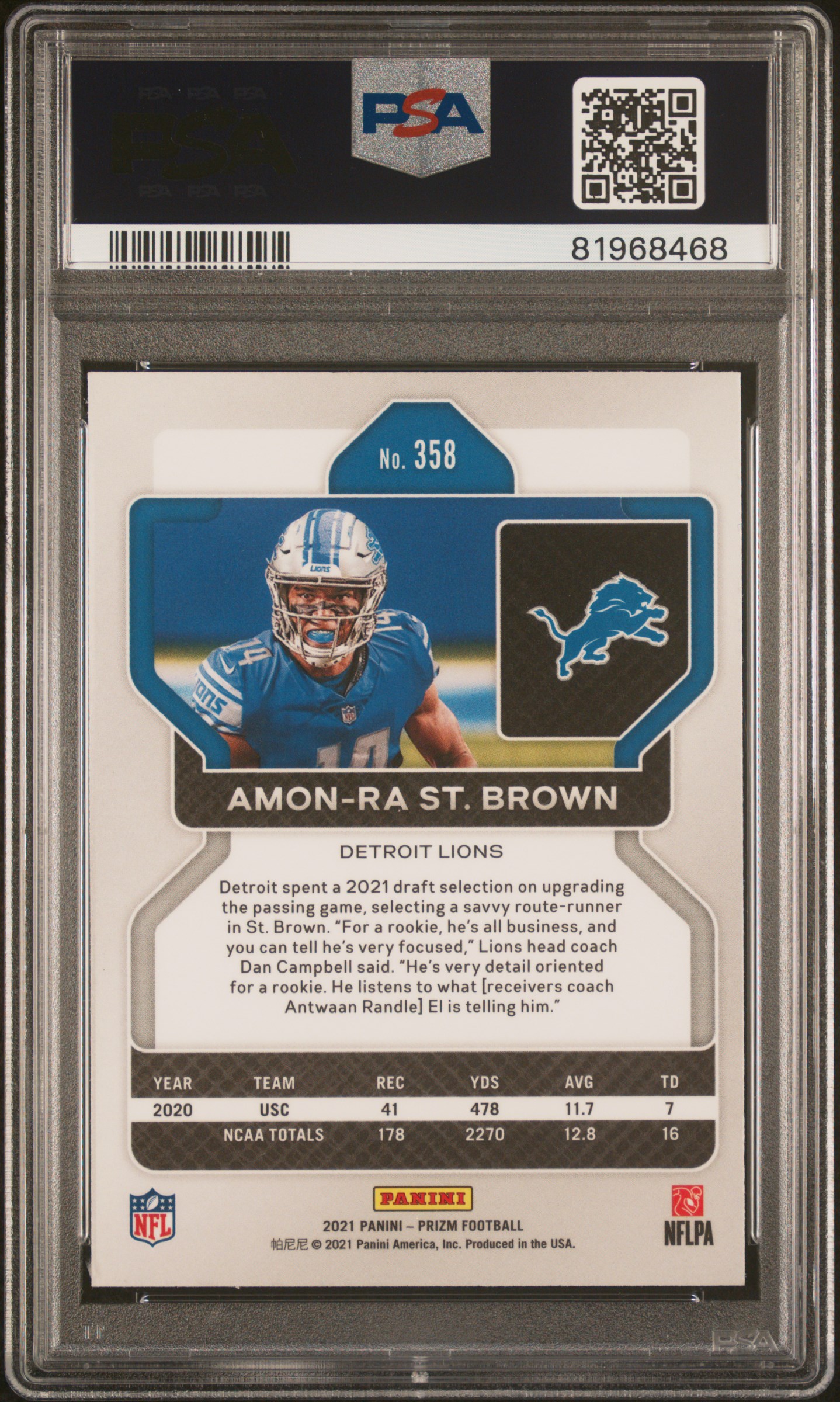 2021 PANINI PRIZM #358 AMON-RA ST. BROWN, reverse