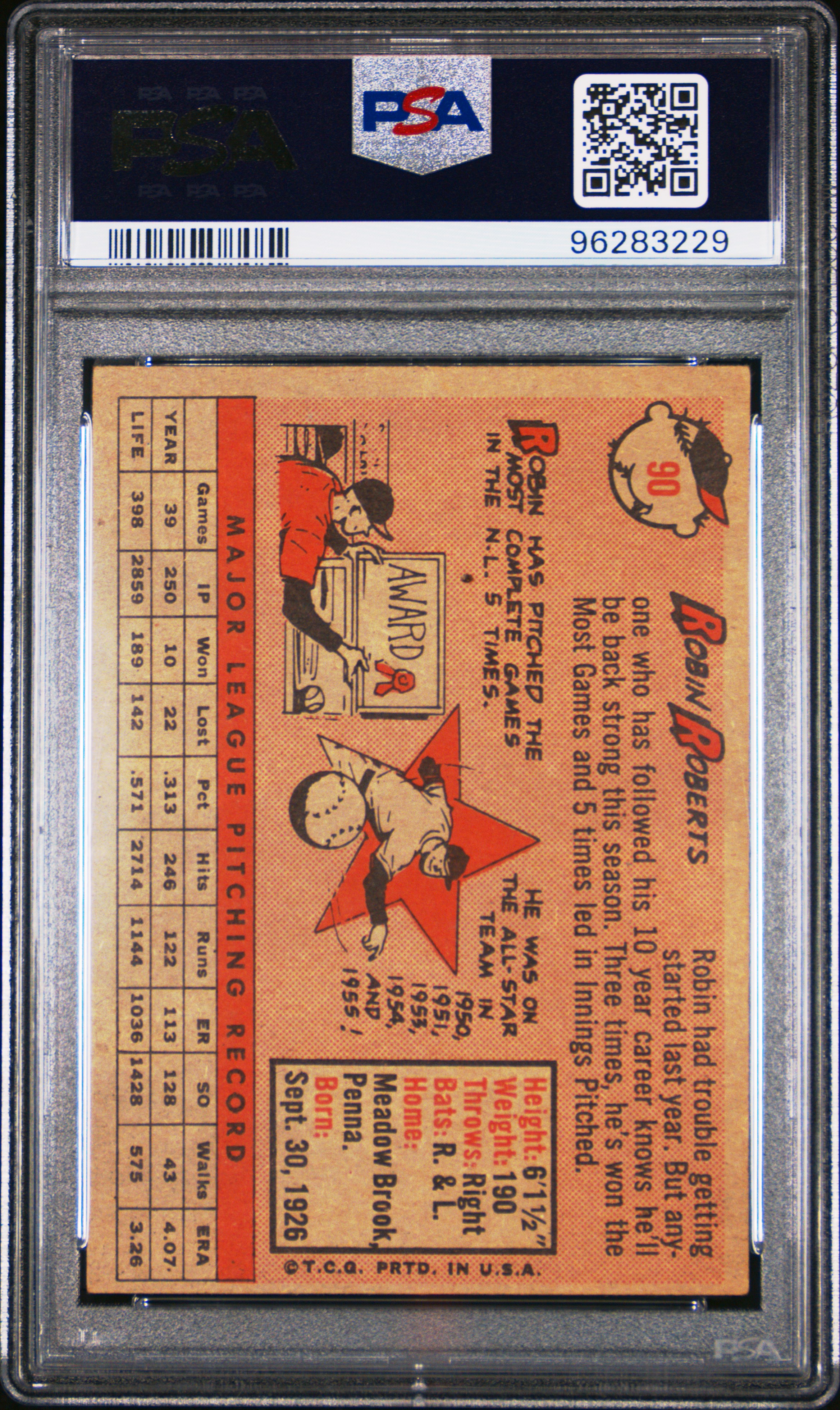1958 TOPPS #90 ROBIN ROBERTS, reverse