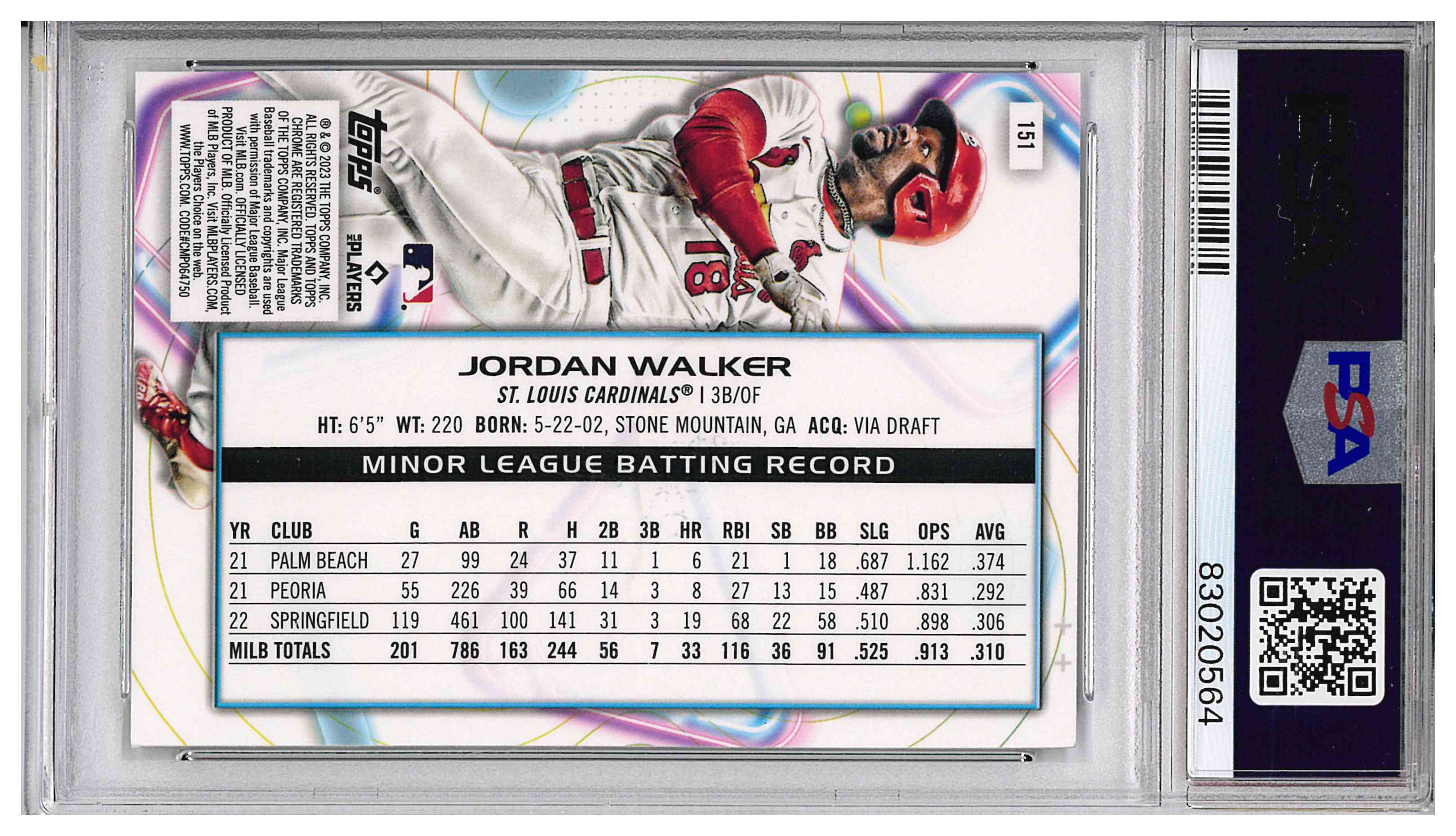 PSA 10 Jordan Walker RC 2023 Topps Cosmic Chrome Nucleus Refractor StL Cardinals, reverse
