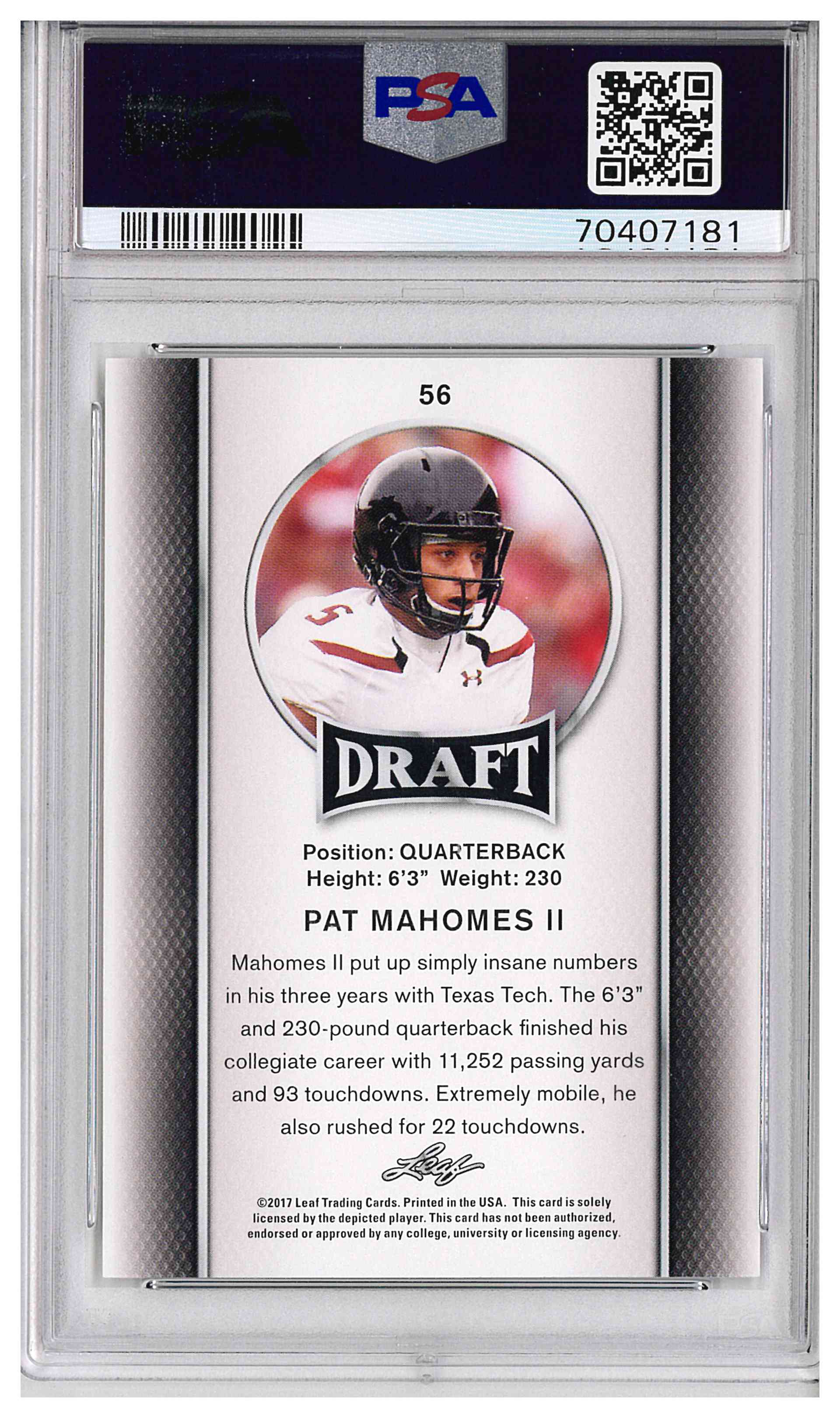 2017 LEAF DRAFT #56 PAT MAHOMES II, reverse
