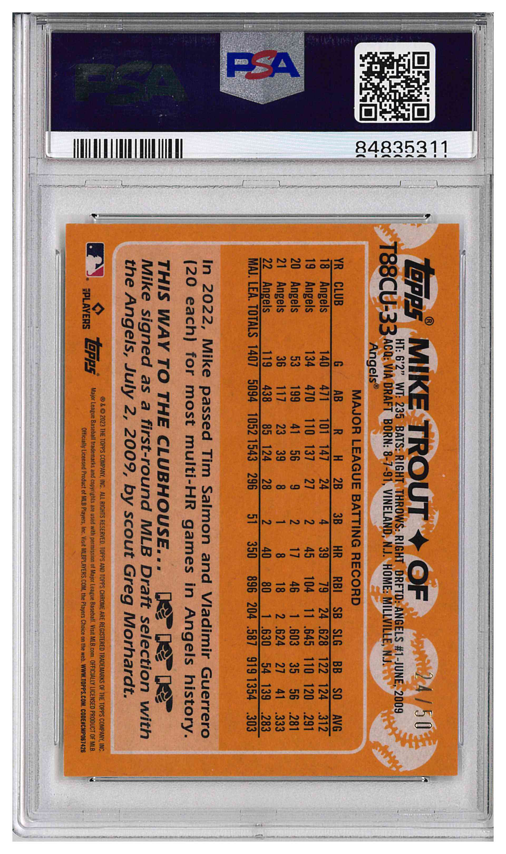 2023 Topps Silver Pack Mike Trout Update Gold Refractor 24/50 PSA 10 (Pop. 5), reverse