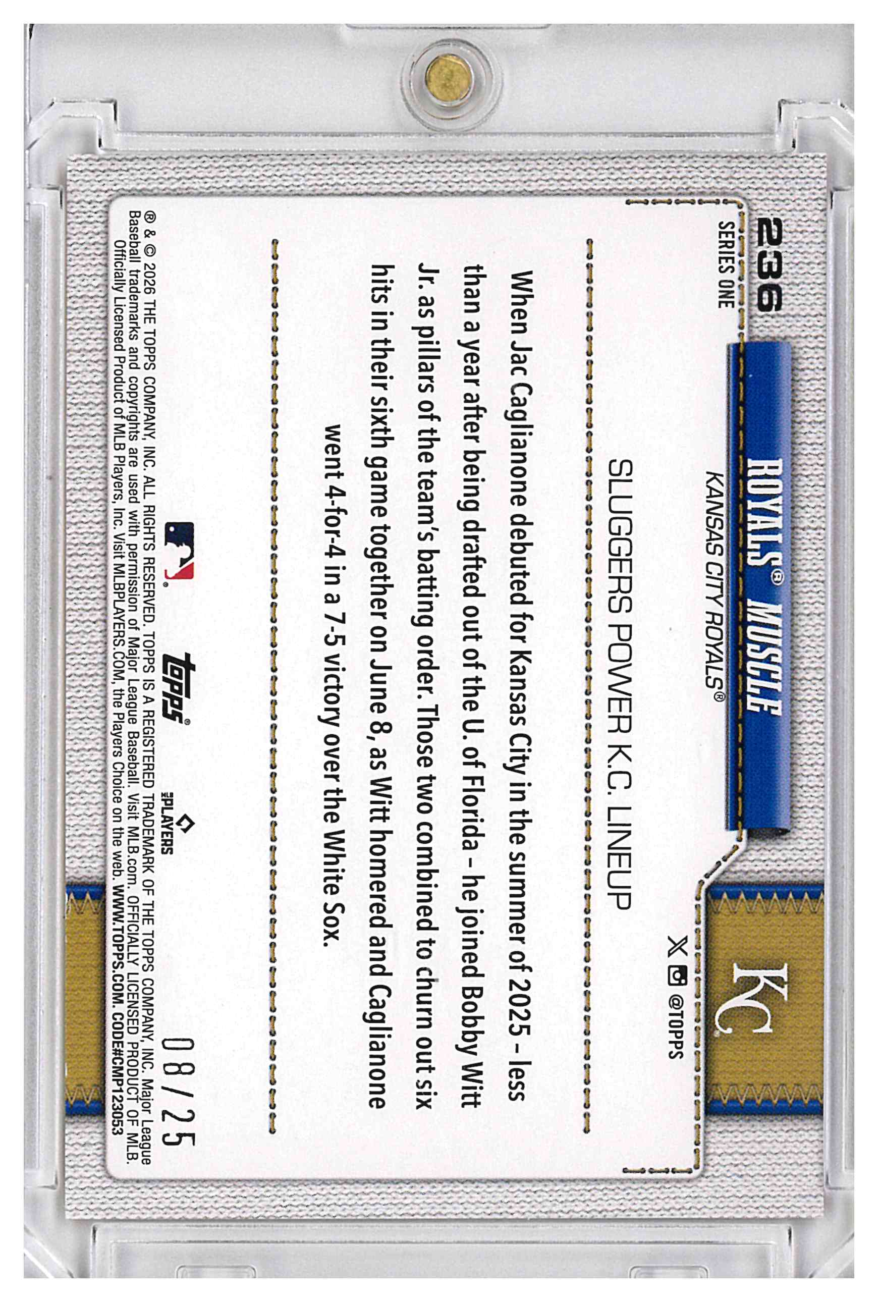 2026 Topps Royals Muscle Bobby Witt Jr. Jac Caglianone RC Orange Sandglitter /25, reverse