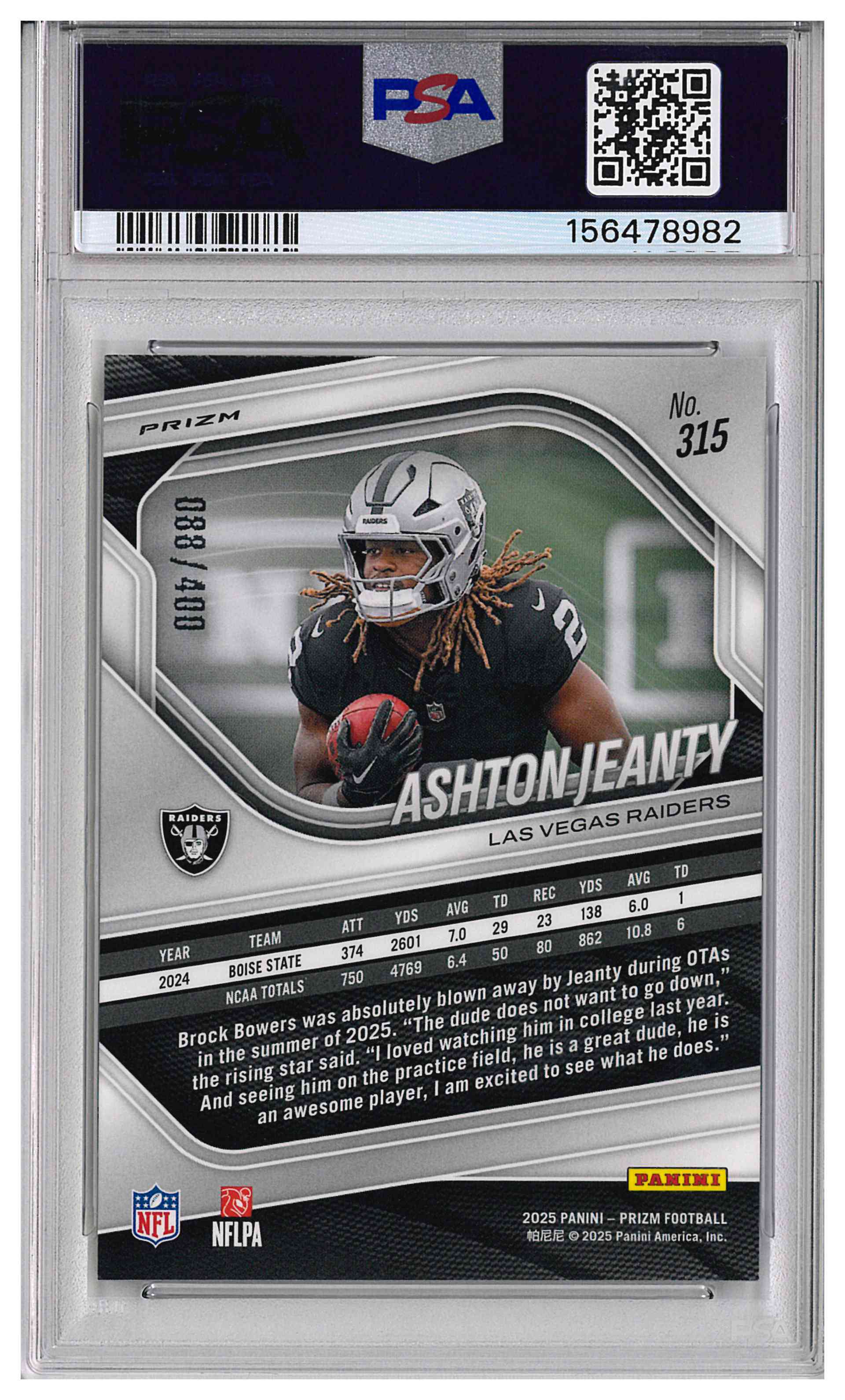 2025 Prizm Ashton Jeanty Pandora Prizm /400 PSA10, reverse