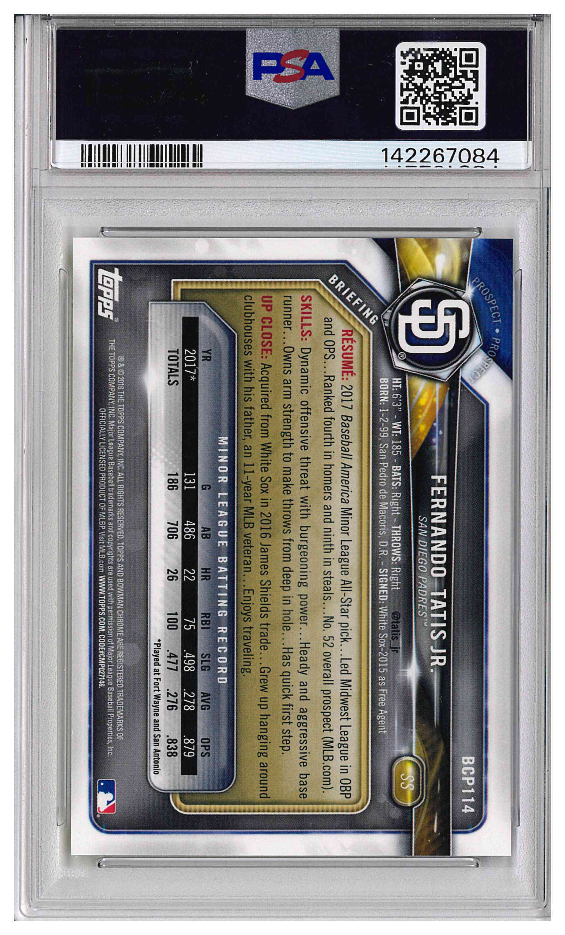2018 Bowman Fernando Tatis Jr Prospect Chrome Canary Yellow RC 06/75 PSA 10, reverse