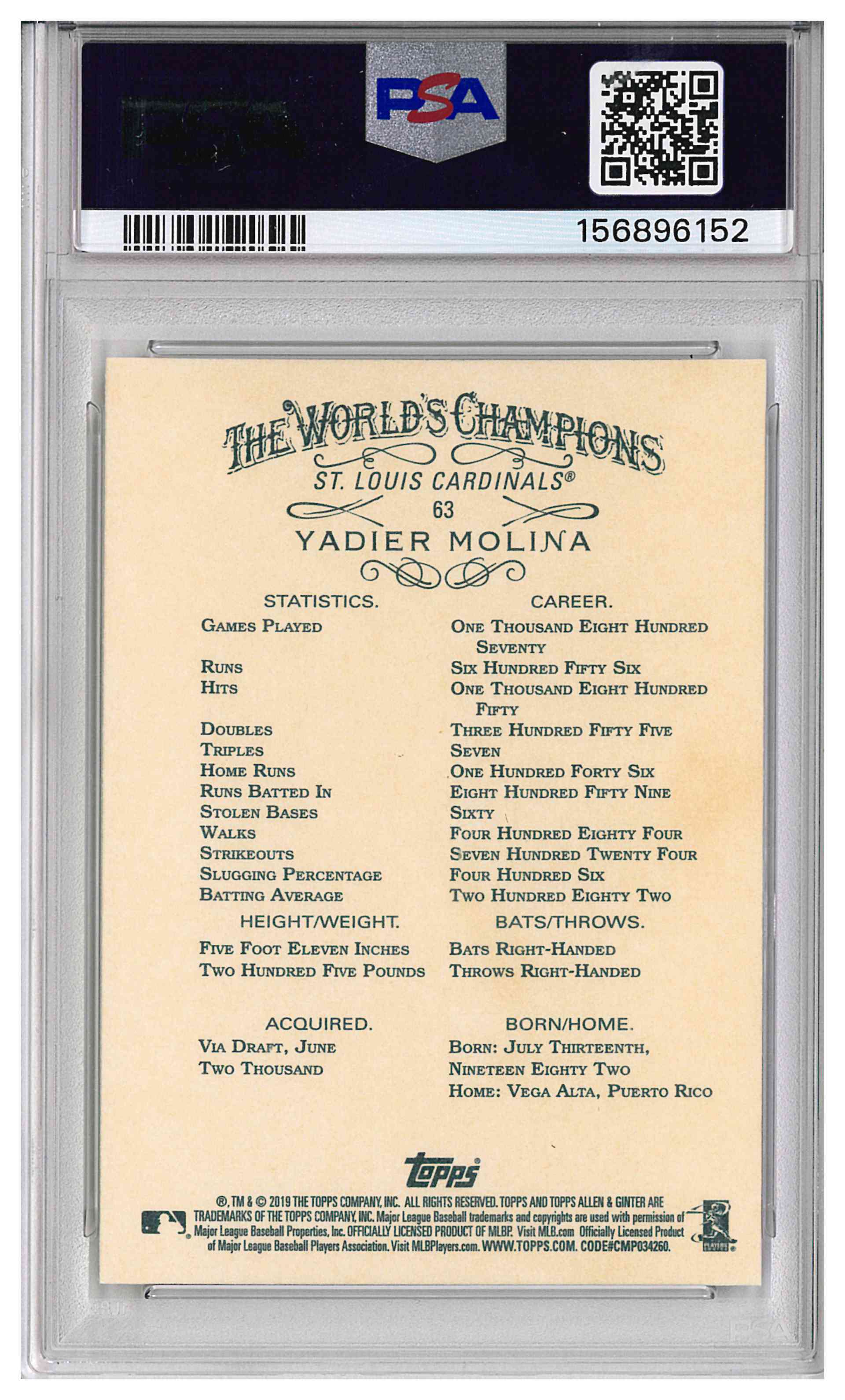 2019 Topps Allen & Ginter Yadier Molina #63 POP 1, reverse