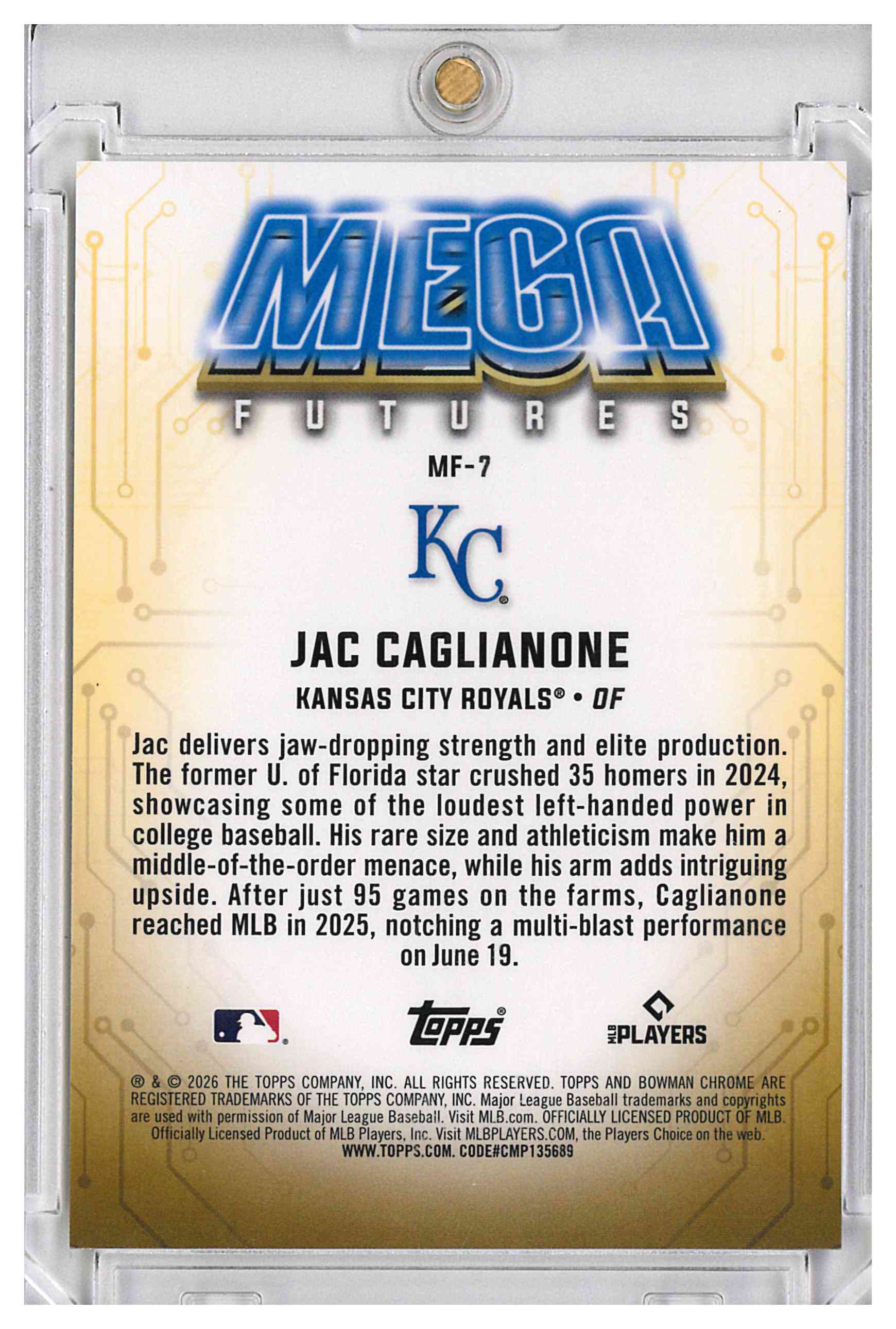 Jac Caglianone 2026 Bowman Chrome Mega Futures Mojo Refractor #MF-7 KC Royals, reverse