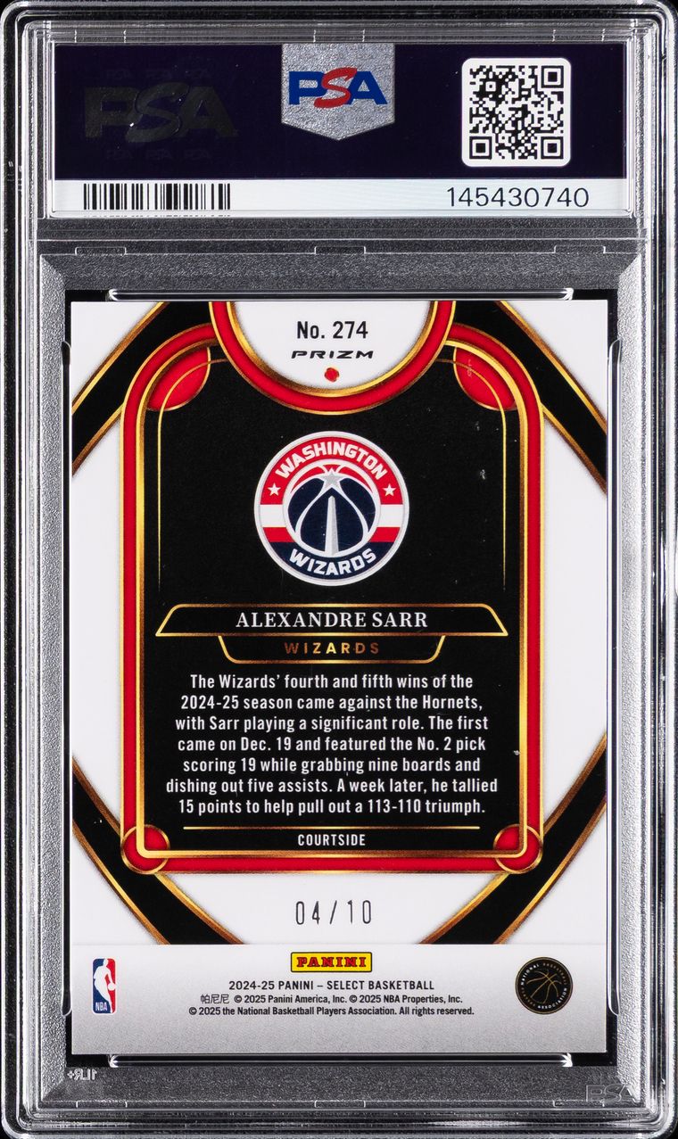 2024-25 Select Gold Disco /10 Courtside Alexandre Sarr RC PSA 10 Rookie 274, reverse