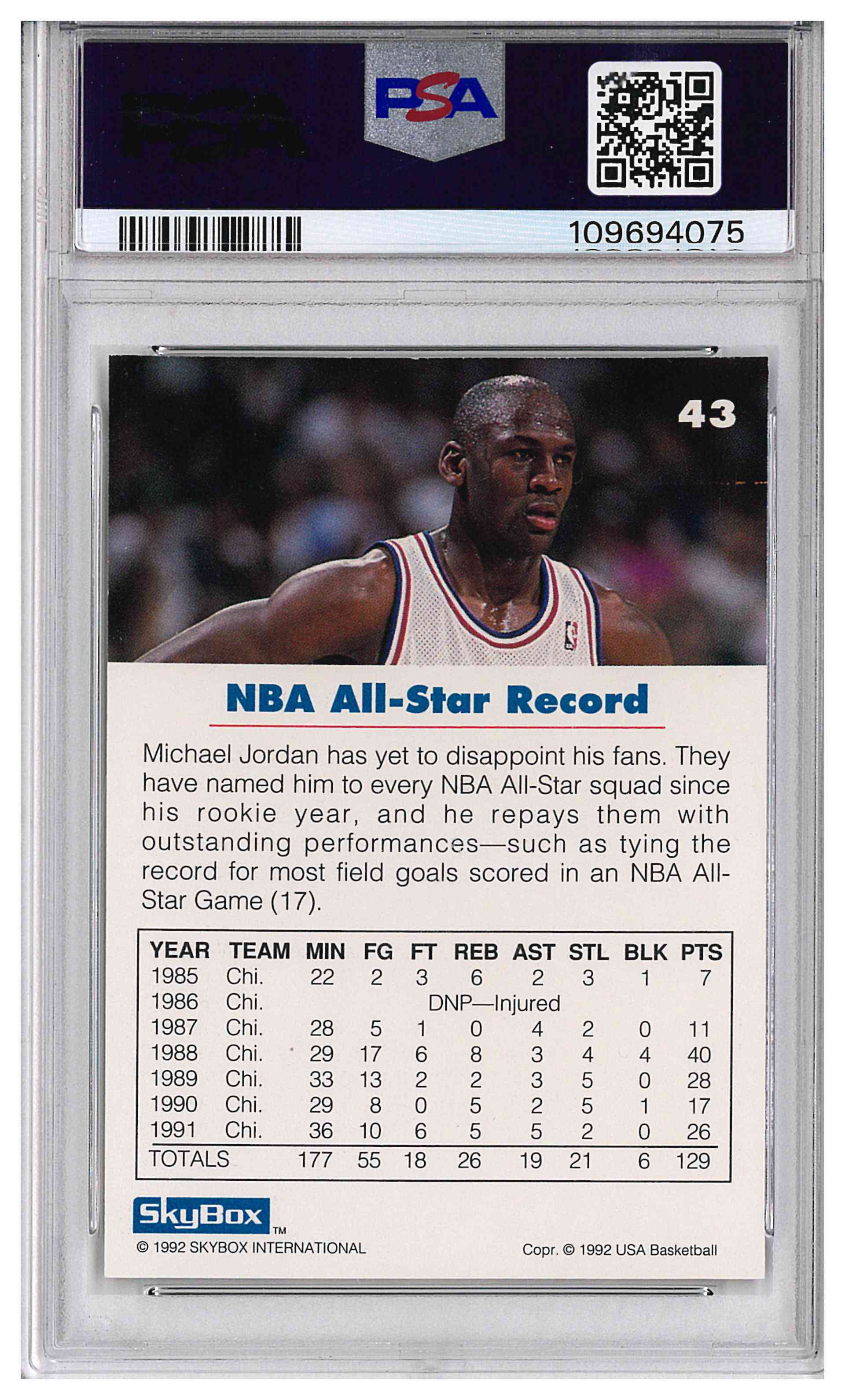 1992 SKYBOX USA BASKETBALL #43 MICHAEL JORDAN USA BASKETBALL, reverse