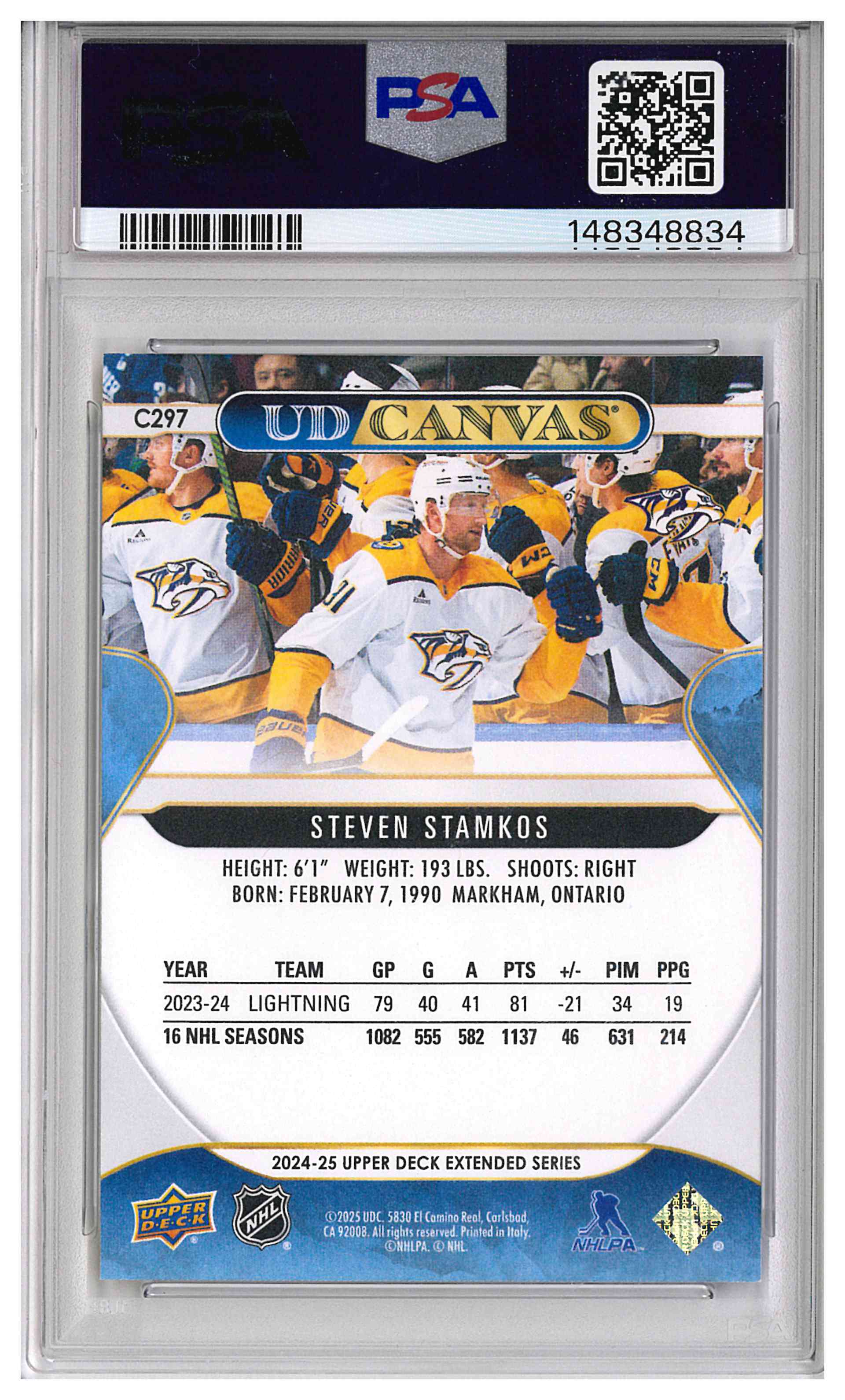 2024-25 Upper Deck Extended Series UD Canvas Steven Stamkos #C297 PSA 10, reverse
