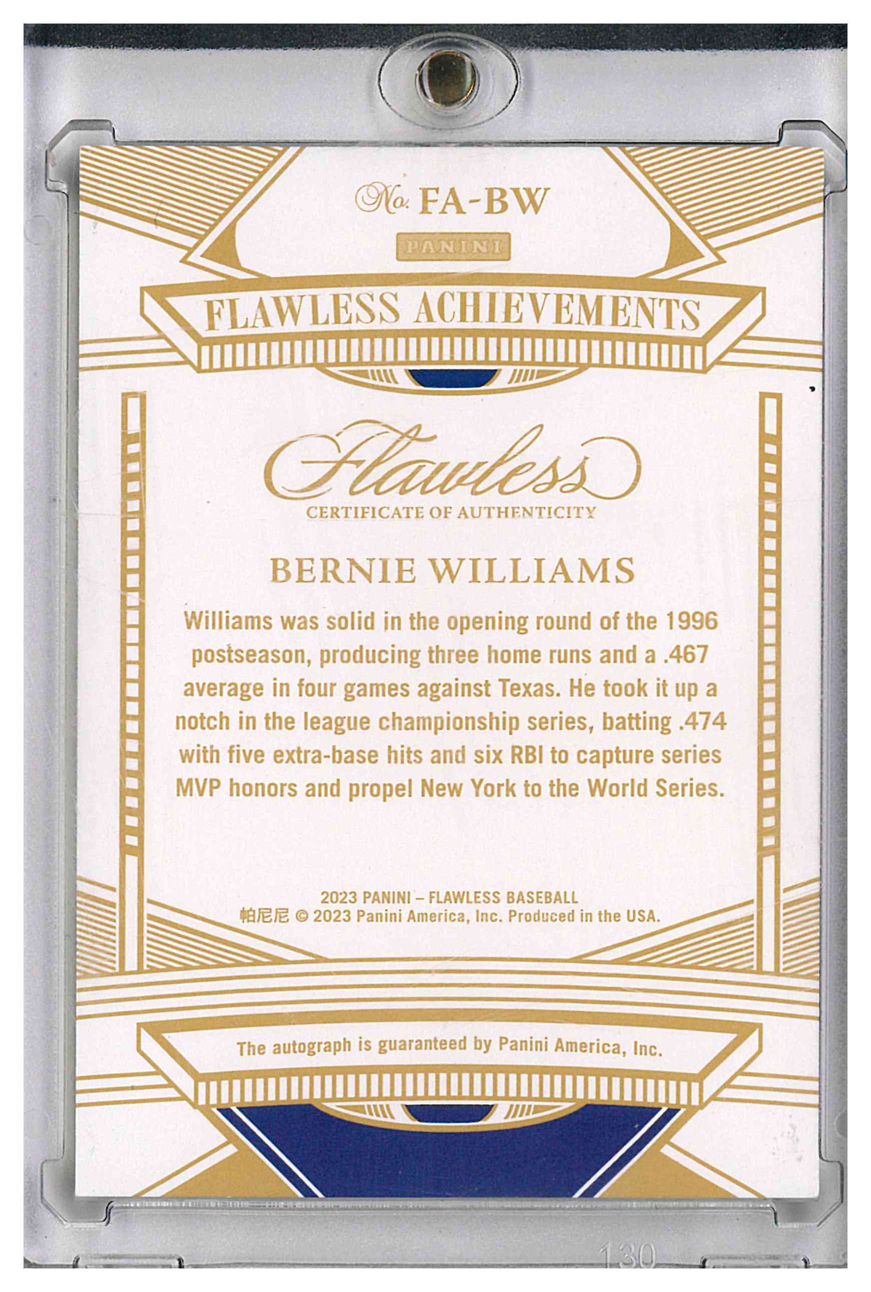 2023 Panini Flawless Achievements Bernie Williams Auto /25, reverse