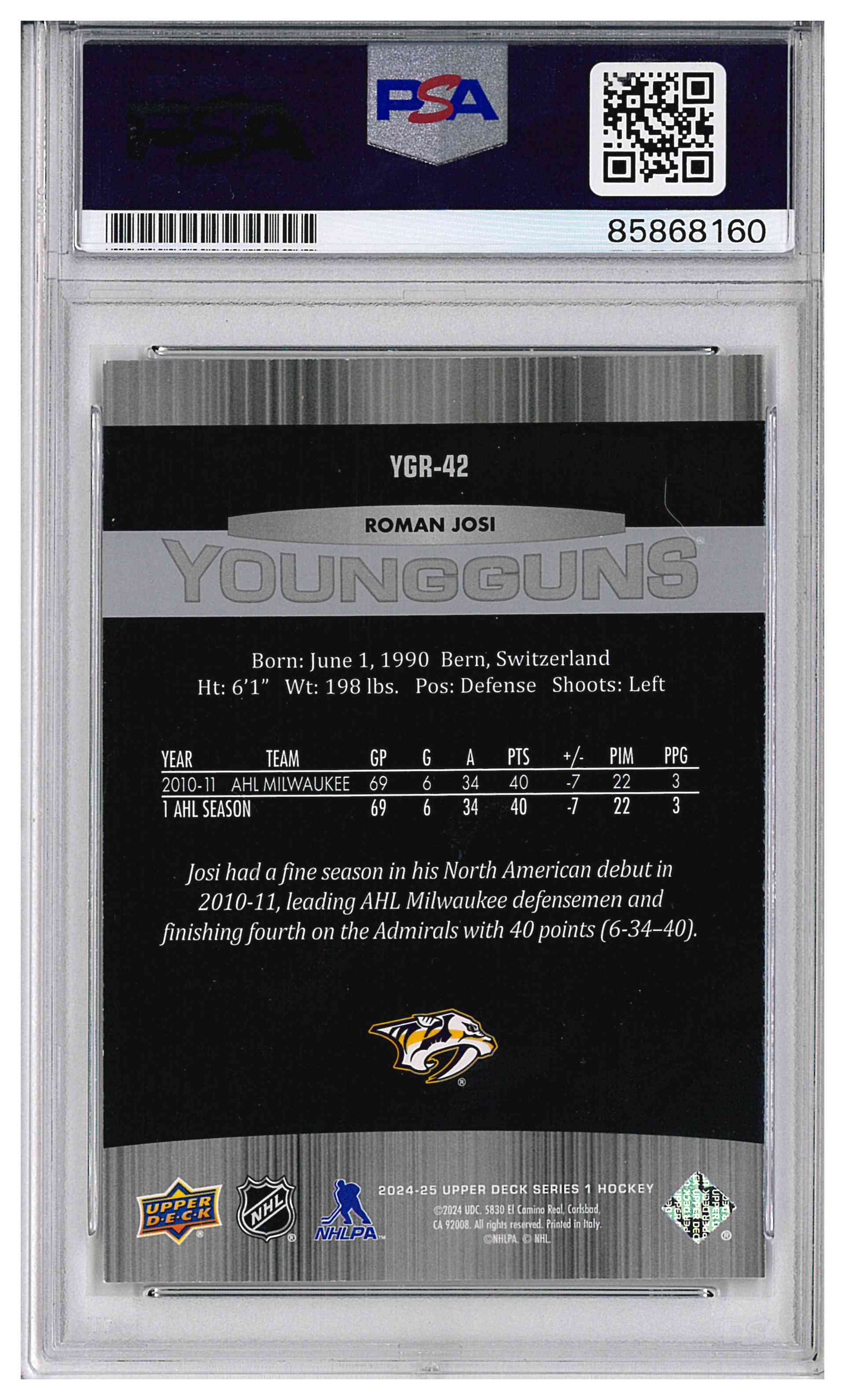Roman Josi Signed 2024-25 Upper Deck Young Guns Renewed IP Auto PSA/DNA, reverse