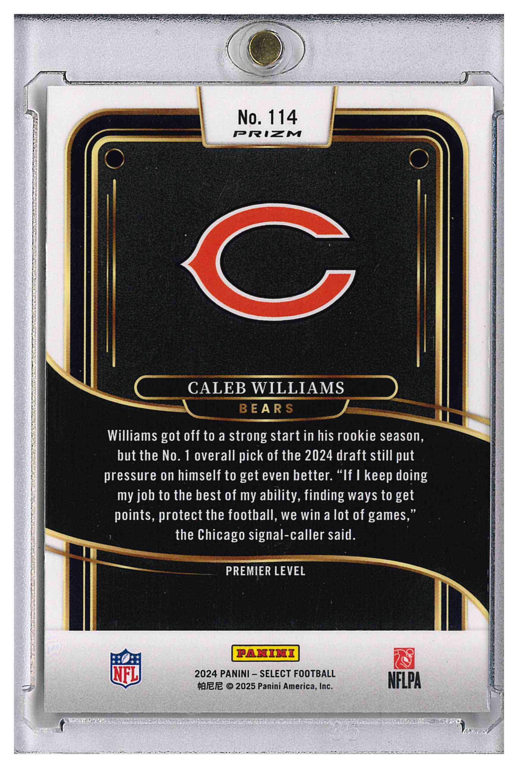 2024 Panini Select Prizm Caleb Williams Rookie #114 Premier Level, reverse