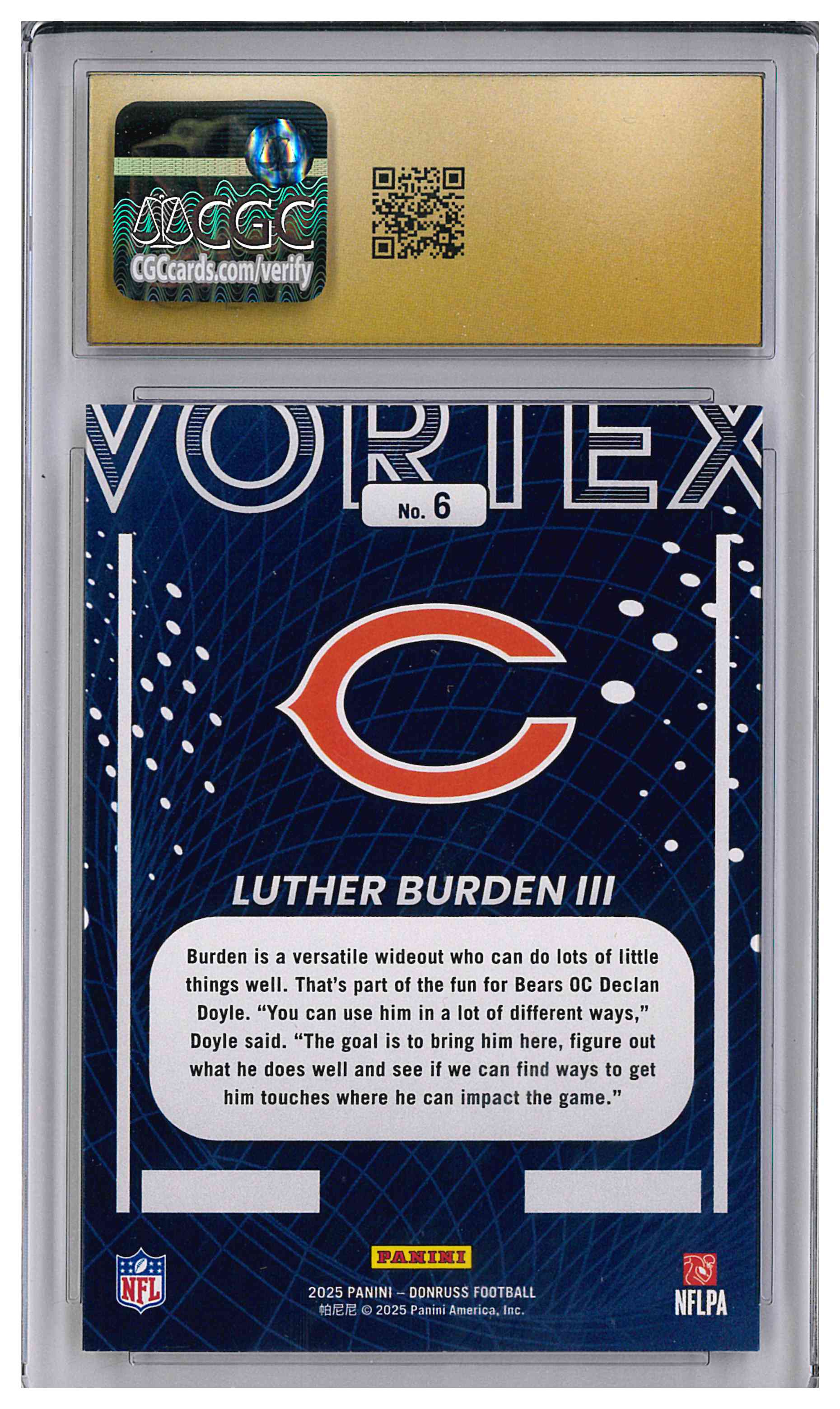 2025 Panini Donruss Luther Burden III Vortex RC Rookie #6 Bears CGC 10 Pristine, reverse