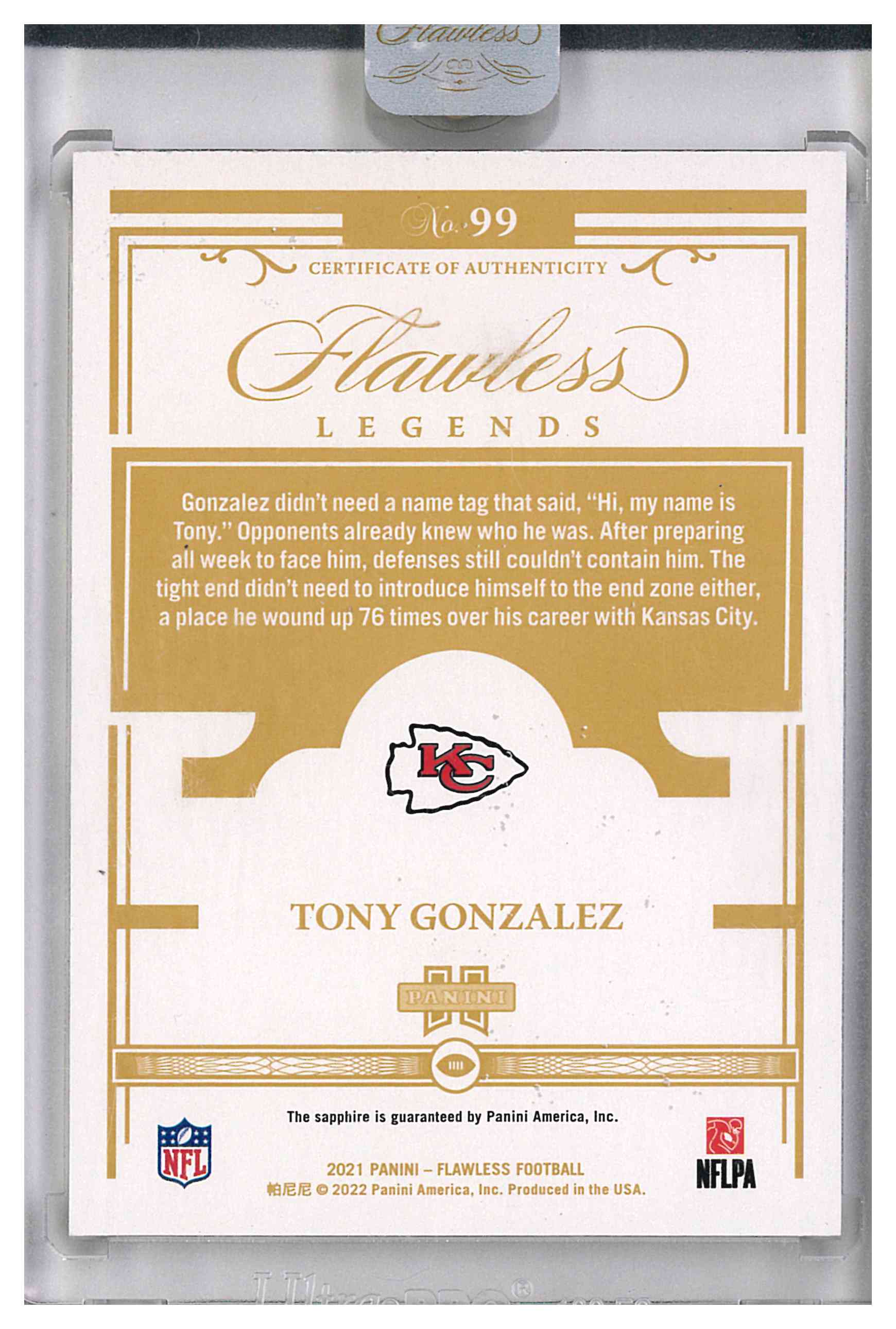 2021 Panini Flawless Legends Tony Gonzalez Sapphire /15, reverse