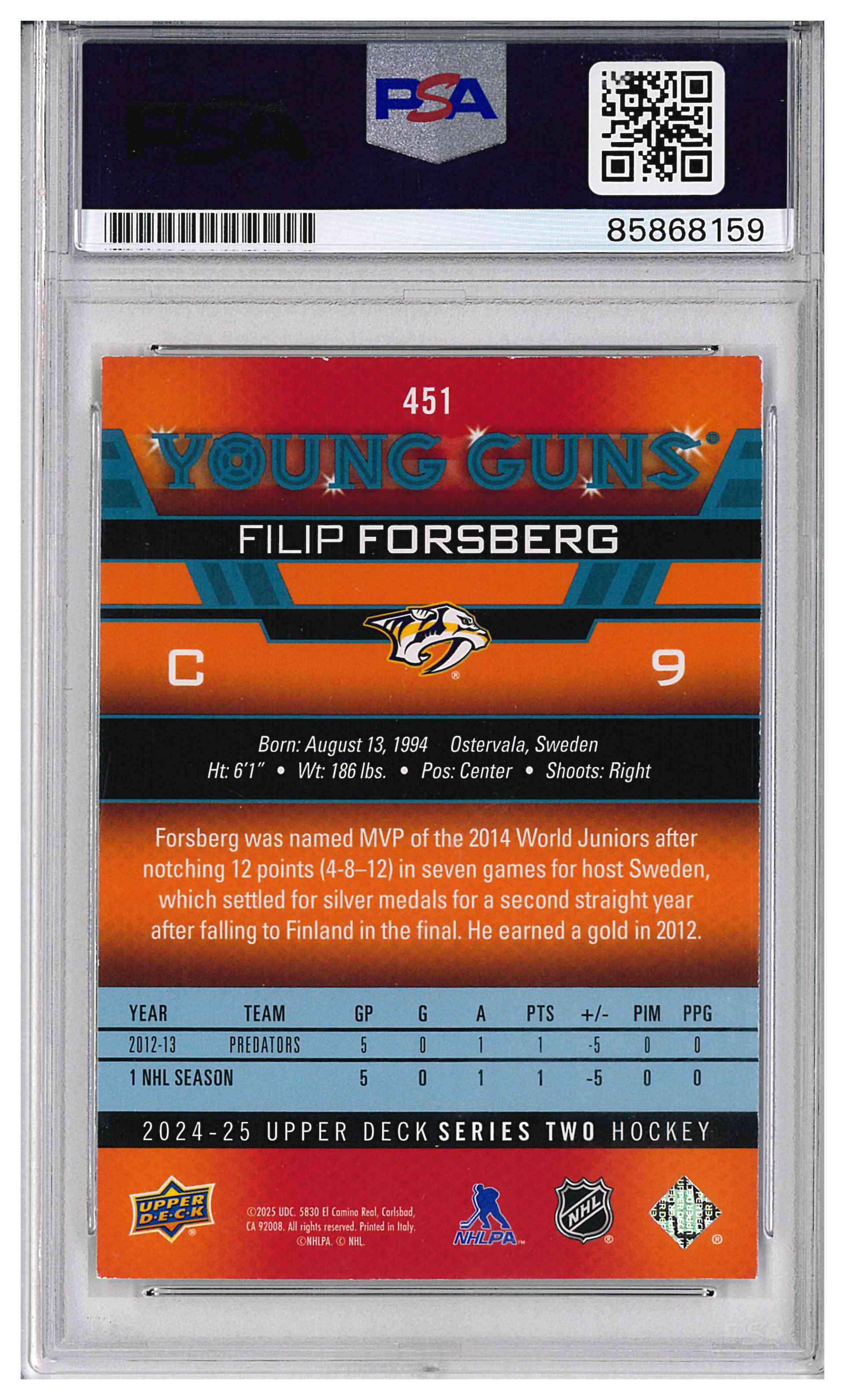 Filip Forsberg Signed 2024-25 Upper Deck Young Guns Renewed IP Auto PSA/DNA, reverse