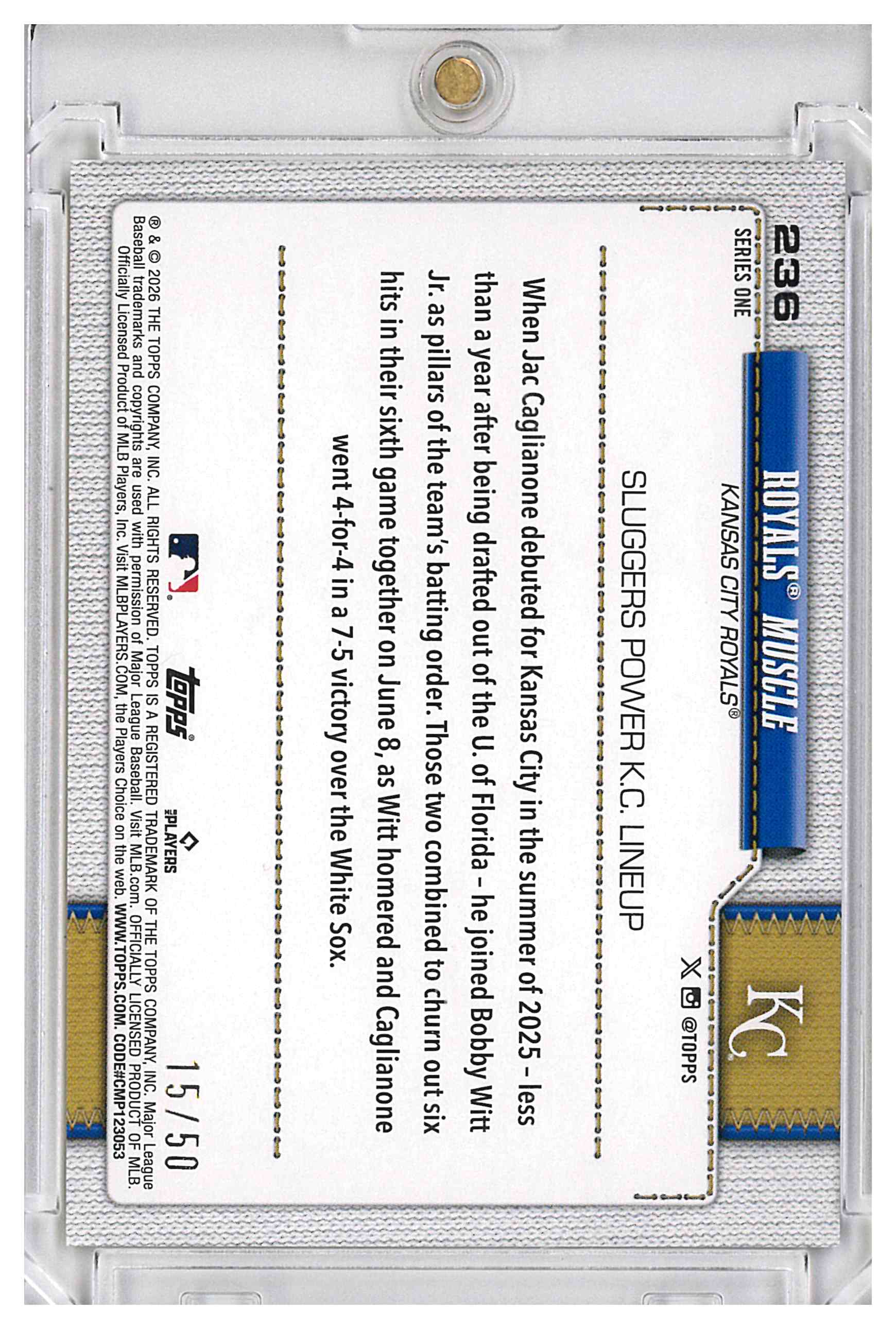 2026 Topps Series 1 Royals Muscle Witt Jr Caglianone Gold Sandglitter #15/50 236, reverse