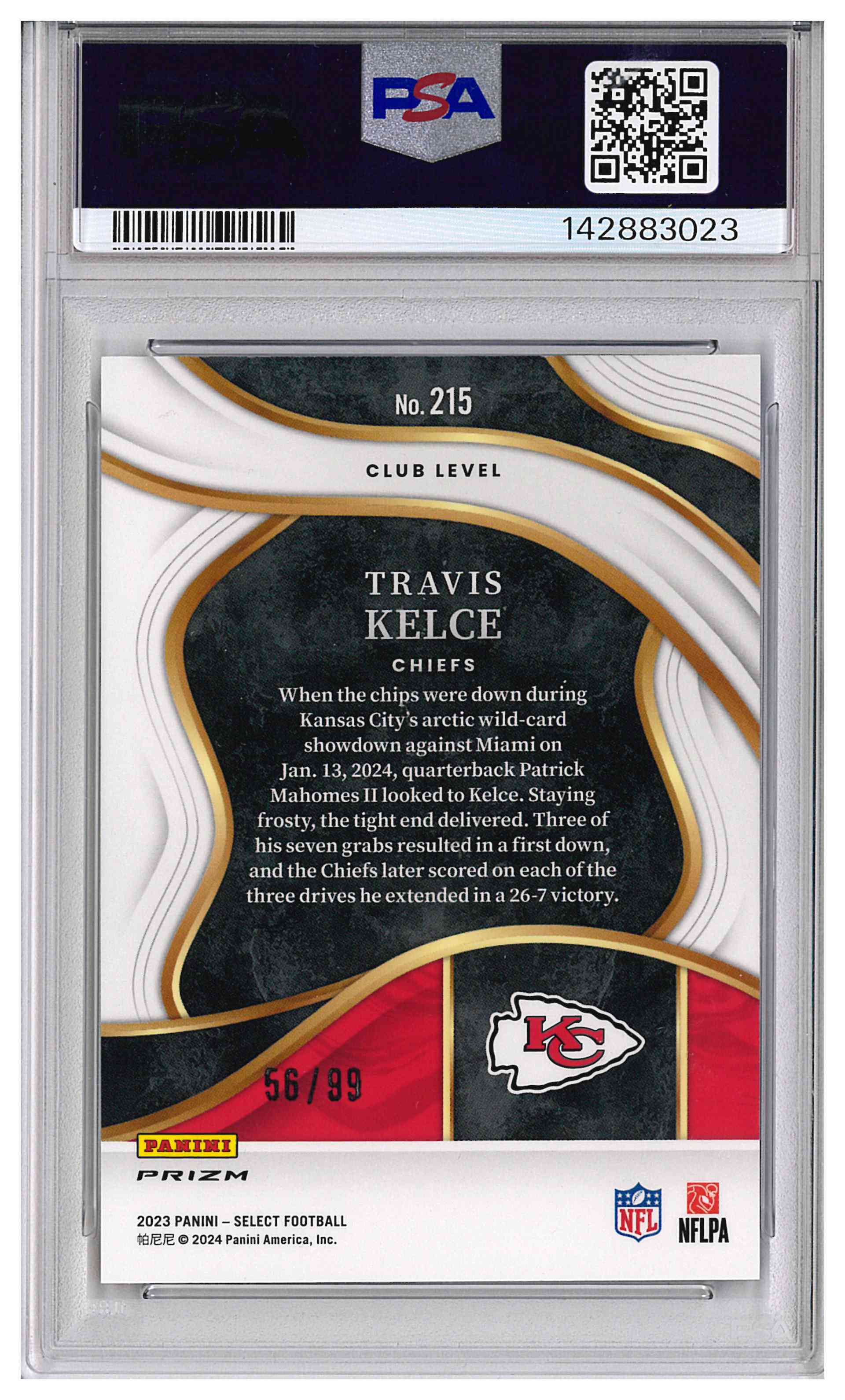 Travis Kelce Blue Prizm /99 SP Chiefs 2023 Panini Select #215 | PSA 10, reverse