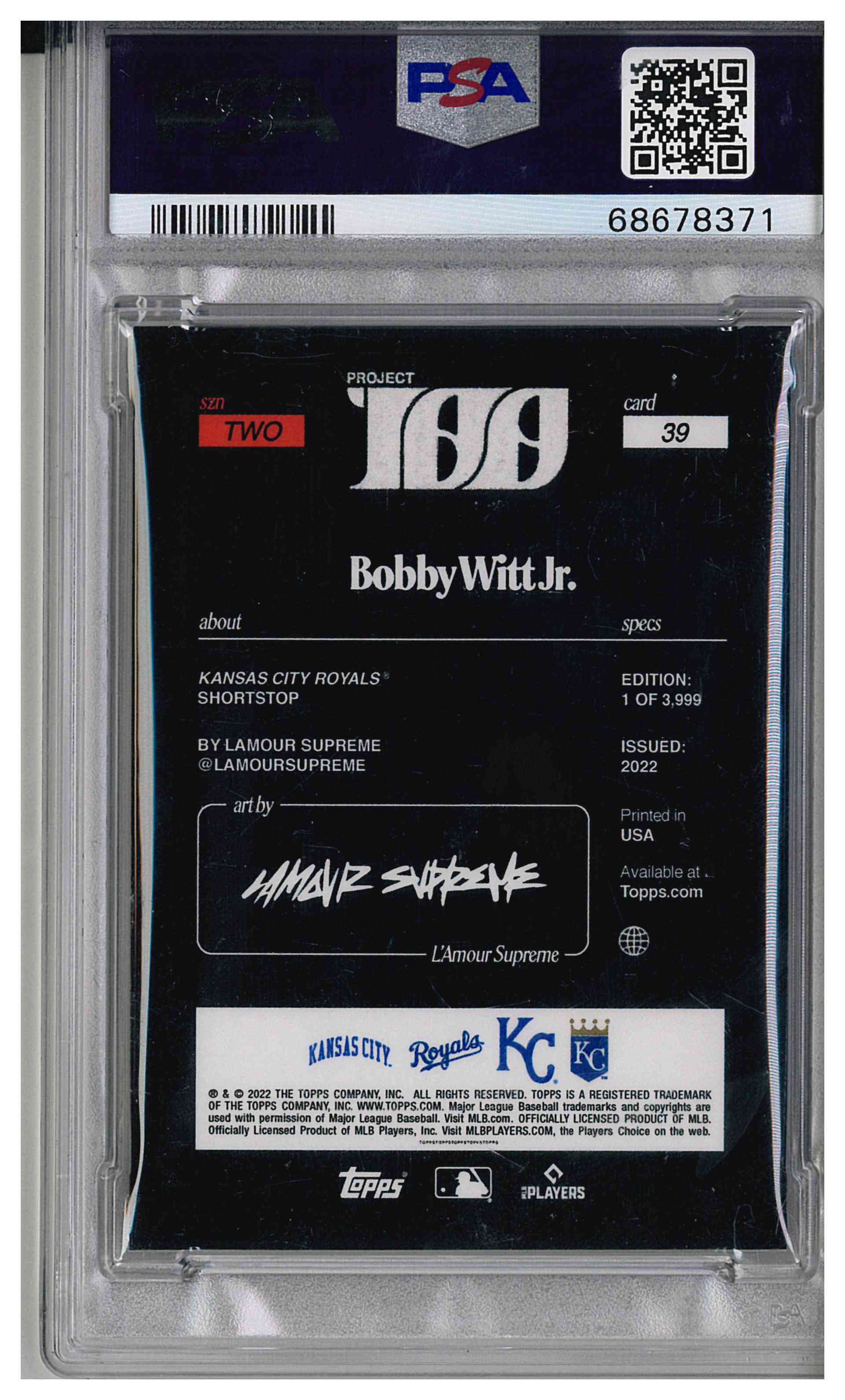 Topps 2022 Project 100 Bobby Witt Jr. Royals RC #39 PSA 9 /3999, reverse