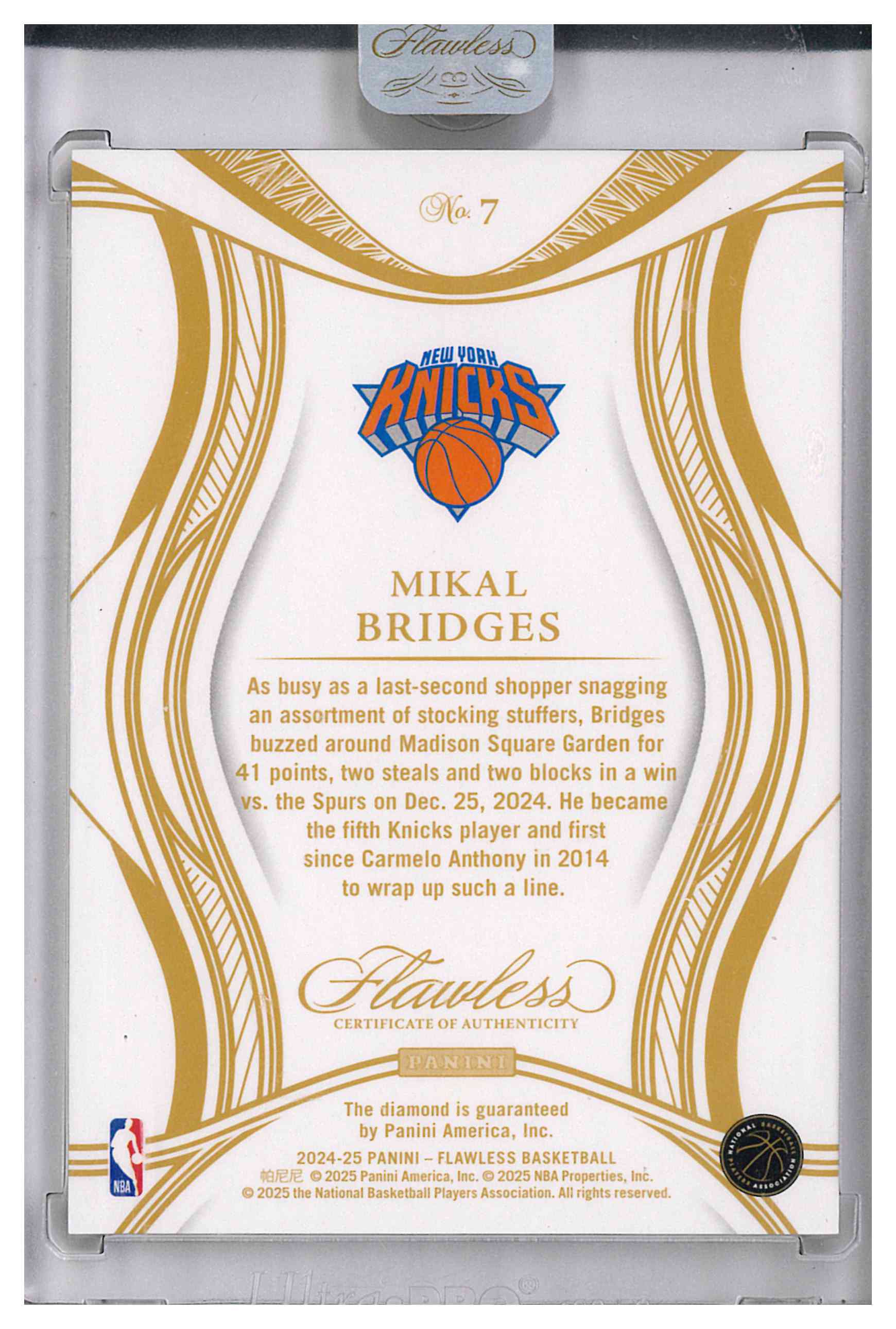 2024-25 Panini Flawless Mikal Bridges Gold Diamond /10, reverse