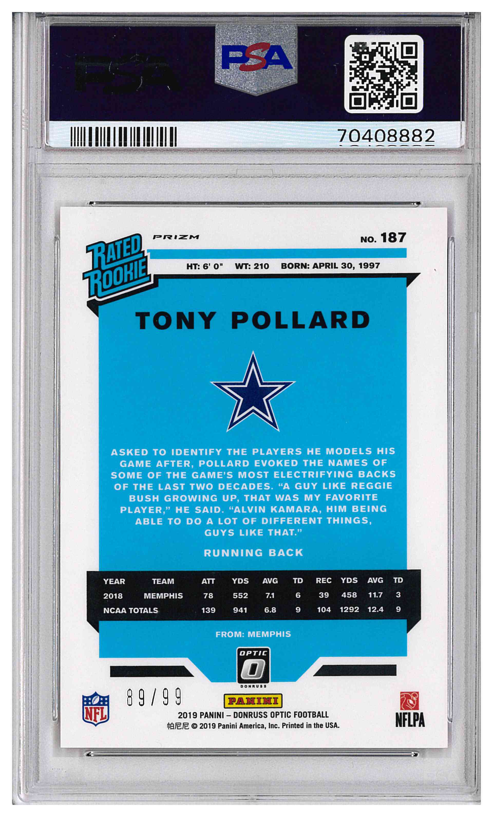 2019 Panini Donruss Optic - Rated Rookie Tony Pollard #187 Red Prizm /99 (RC), reverse
