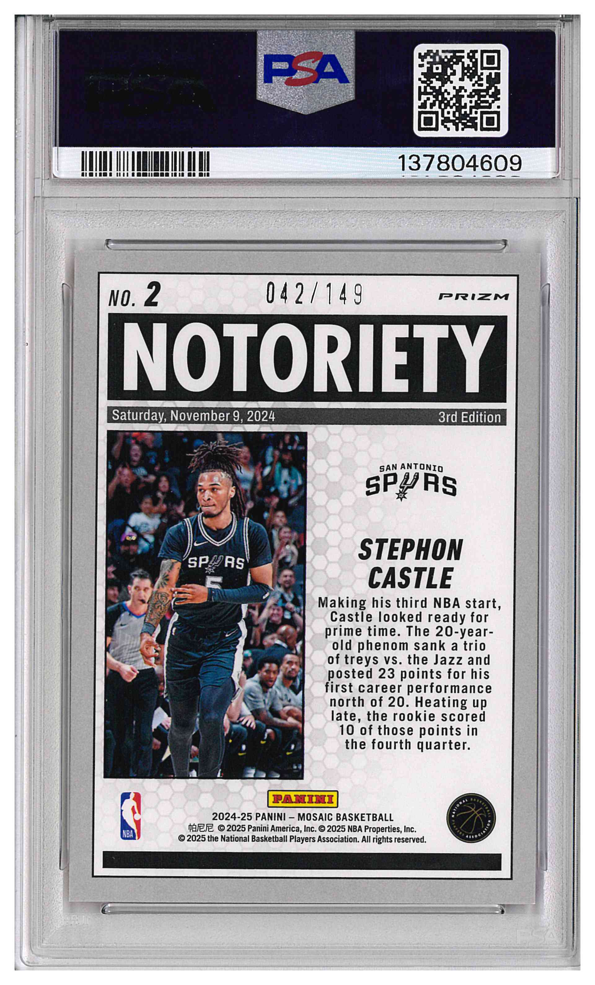 2024 Panini Mosaic STEPHON CASTLE #2 NOTORIETY-PINK NOTORIETY-PINK - ROOKIE /149, reverse