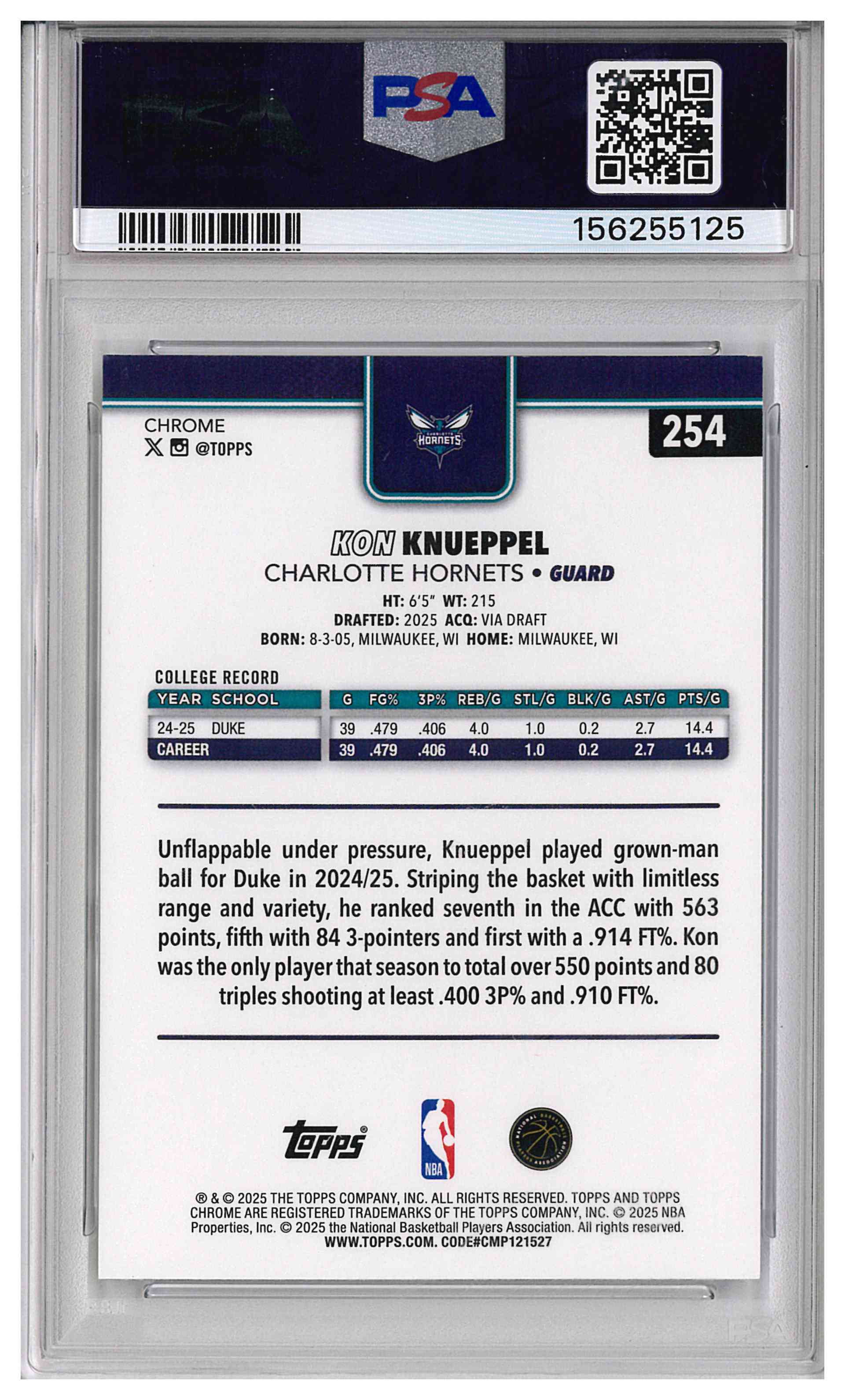 2025 Topps Chrome Basketball Kon Knueppel ROOKIE #254 PSA 10 HORNETS GEM MINT, reverse