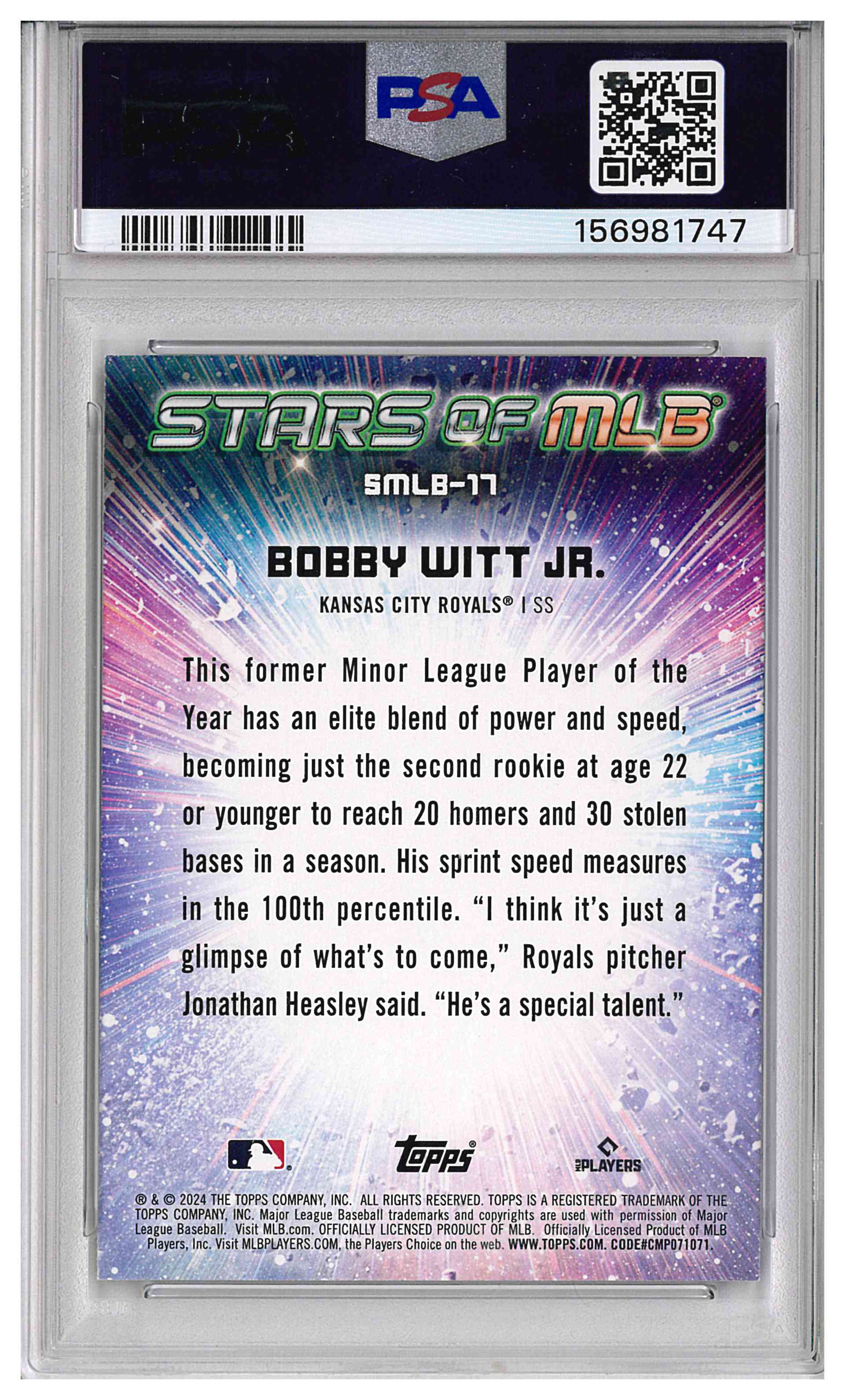 2024 TOPPS STARS OF MLB #SMLB17 BOBBY WITT JR., reverse
