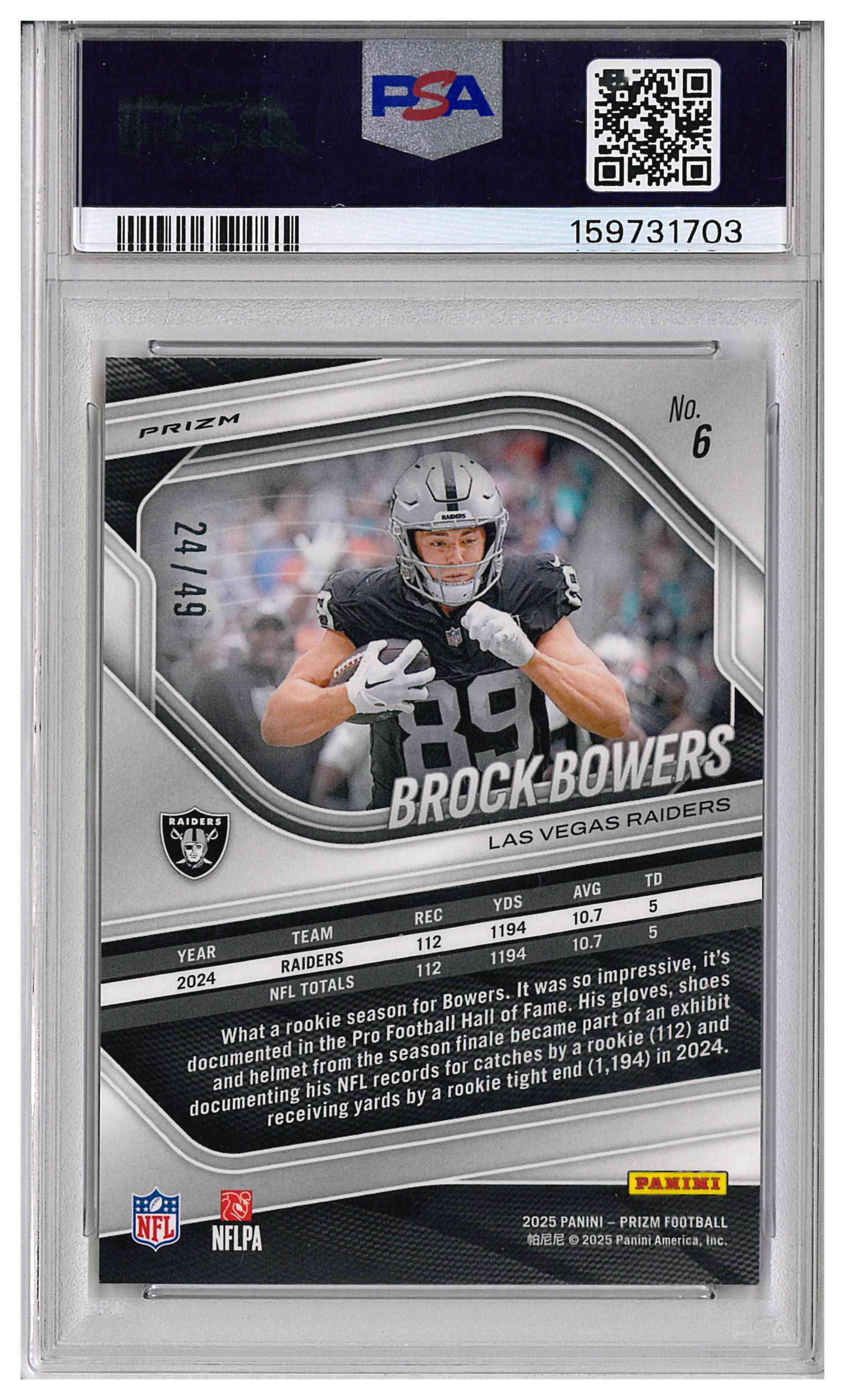 2025 Prizm Brock Bowers #6 Red Shimmer /49, reverse