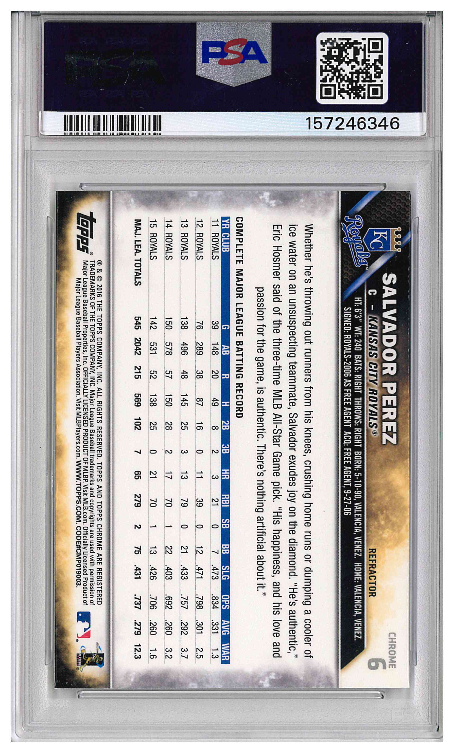 2016 TOPPS CHROME REFRACTOR #6 SALVADOR PEREZ, reverse