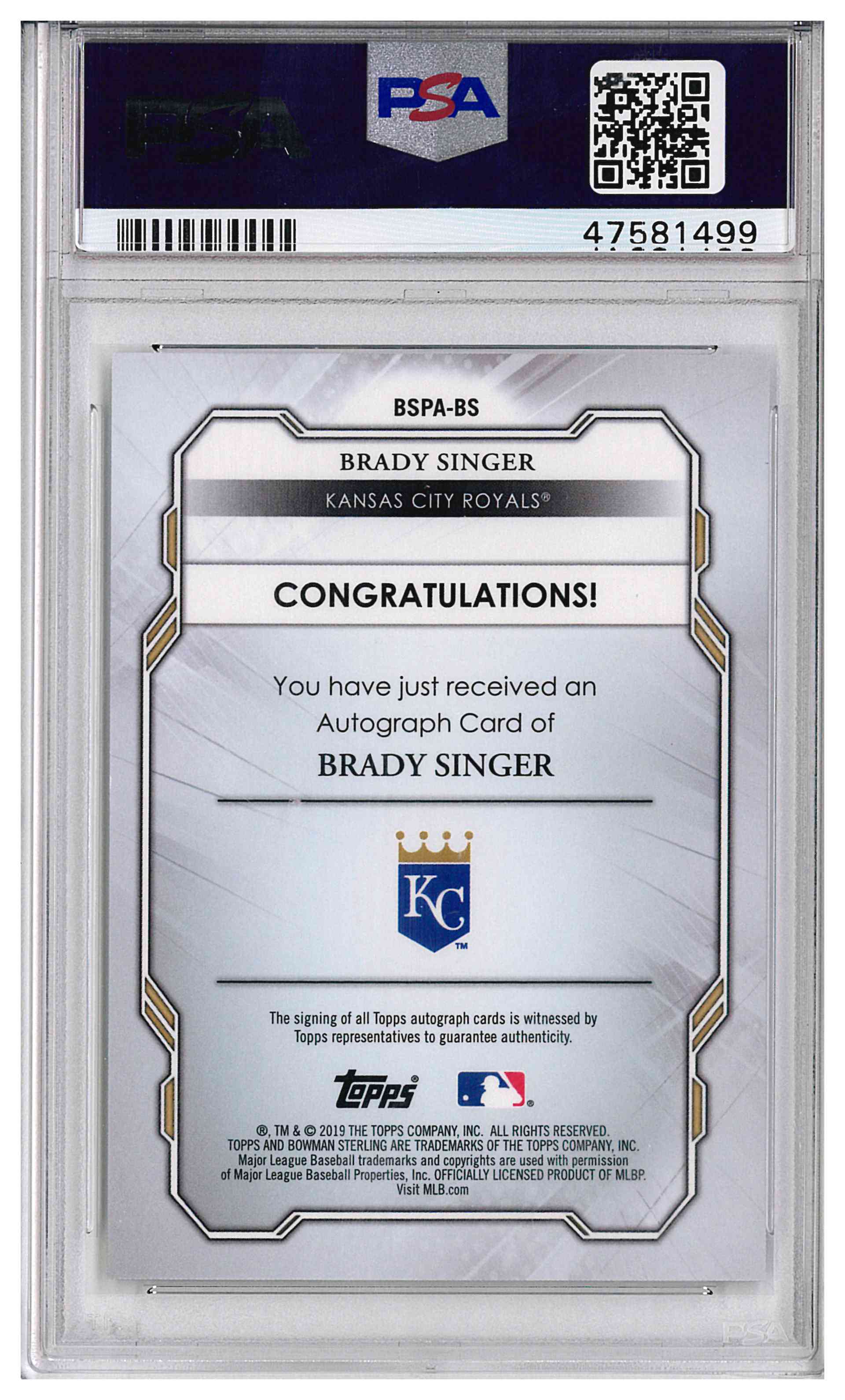 2019 Bowman Sterling Brady Singer Prospect & Rookie Auto #BSPA-BS Royals PSA 10, reverse