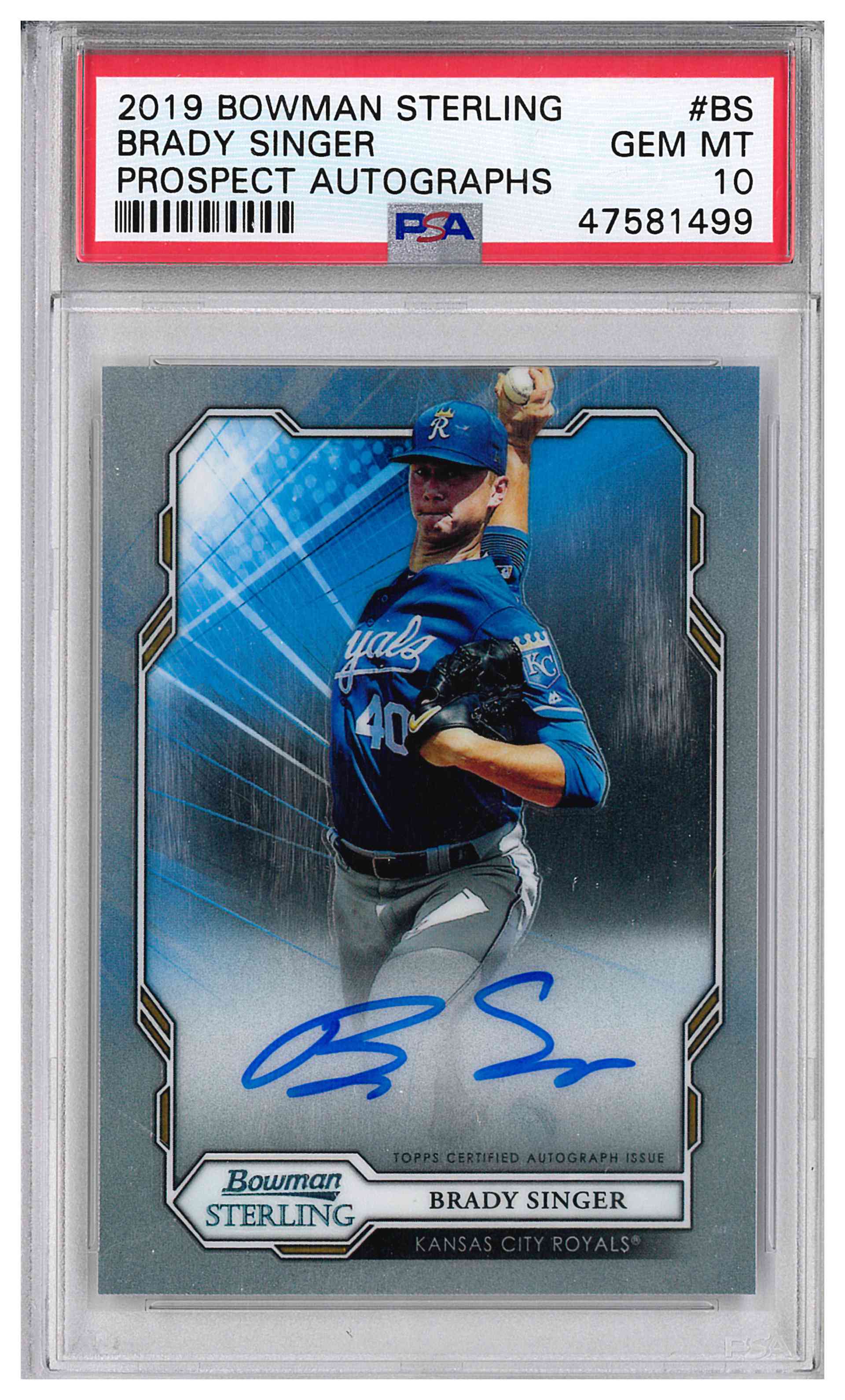 2019 Bowman Sterling Brady Singer Prospect & Rookie Auto #BSPA-BS Royals PSA 10