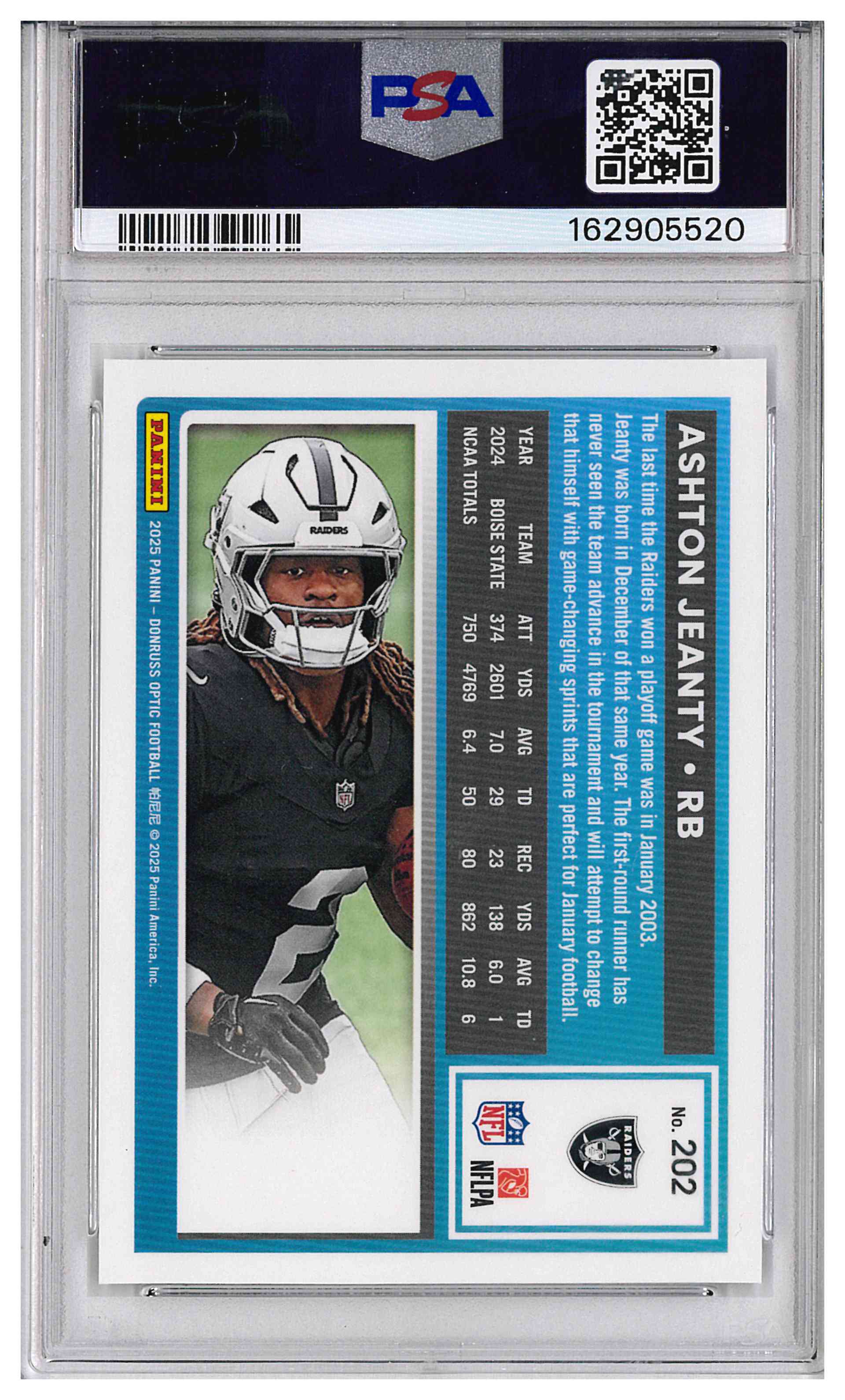 2025 Panini Donruss Optic Ashton Jeanty Rated Rookie #202 Raiders PSA 10, reverse