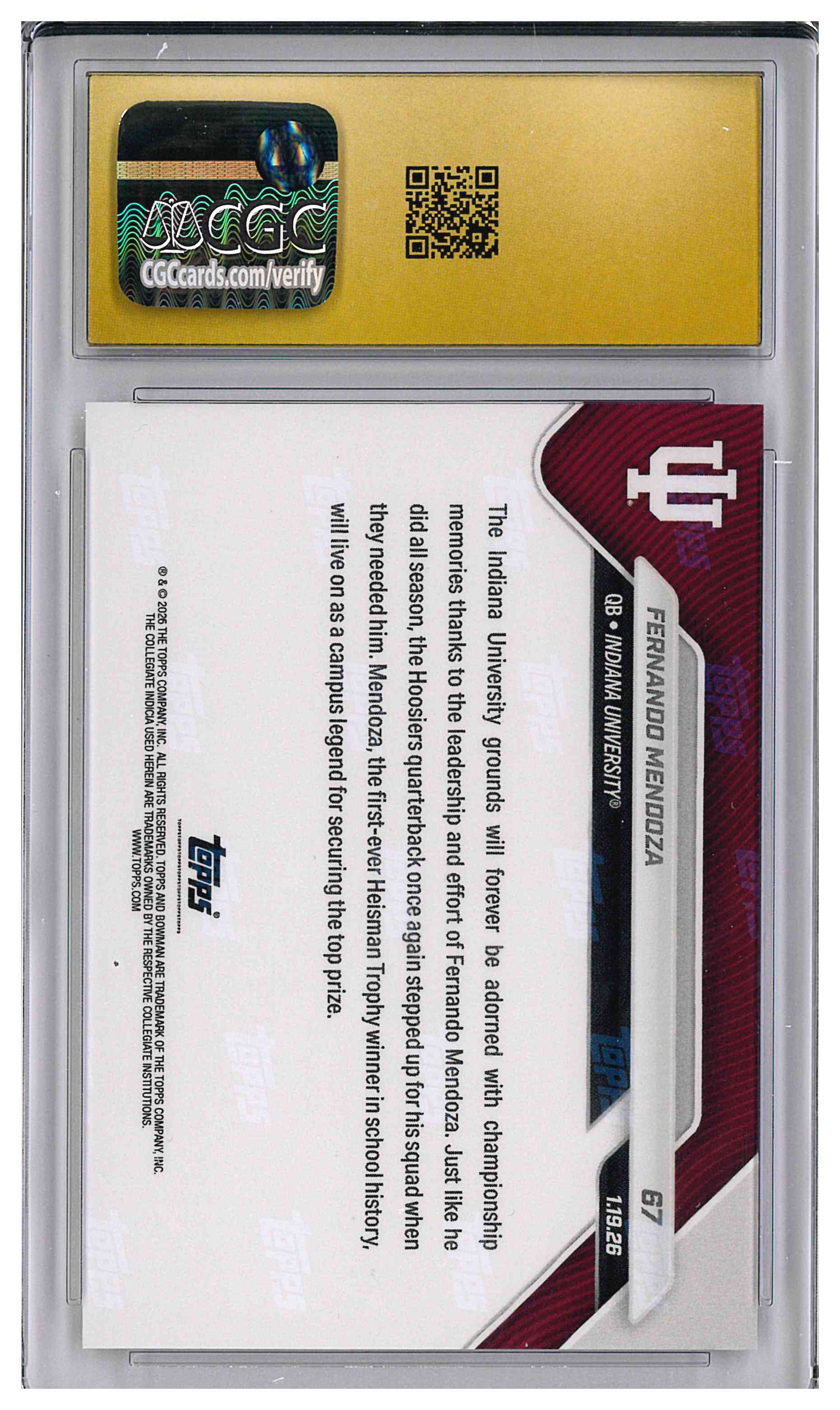 Fernando Mendoza 2025-26 Topps Bowman U Now #67 Black Label, reverse