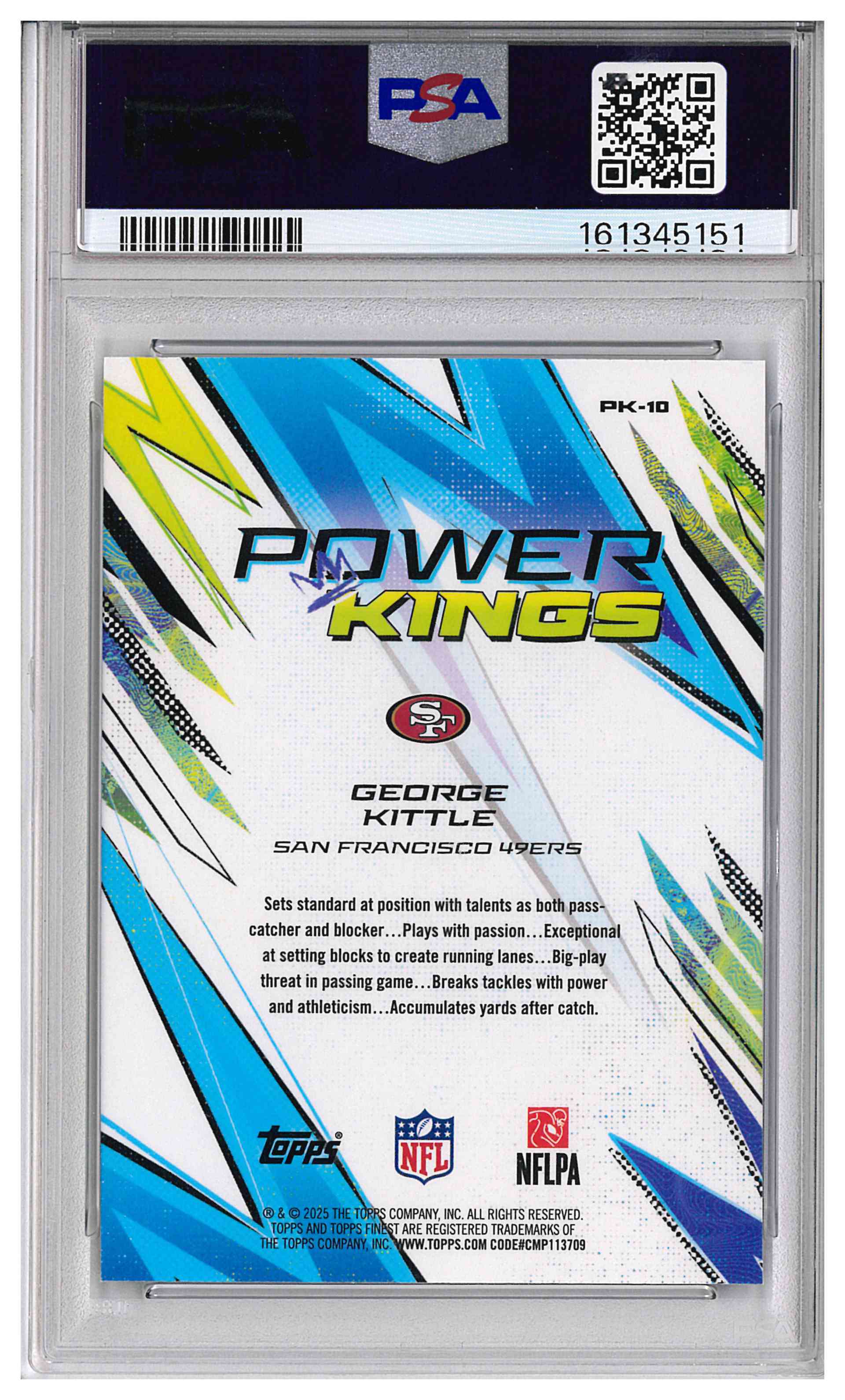 GEORGE KITTLE 2025 TOPPS FINEST POWER KINGS BLUE /99 #PK-10 PSA 9, reverse