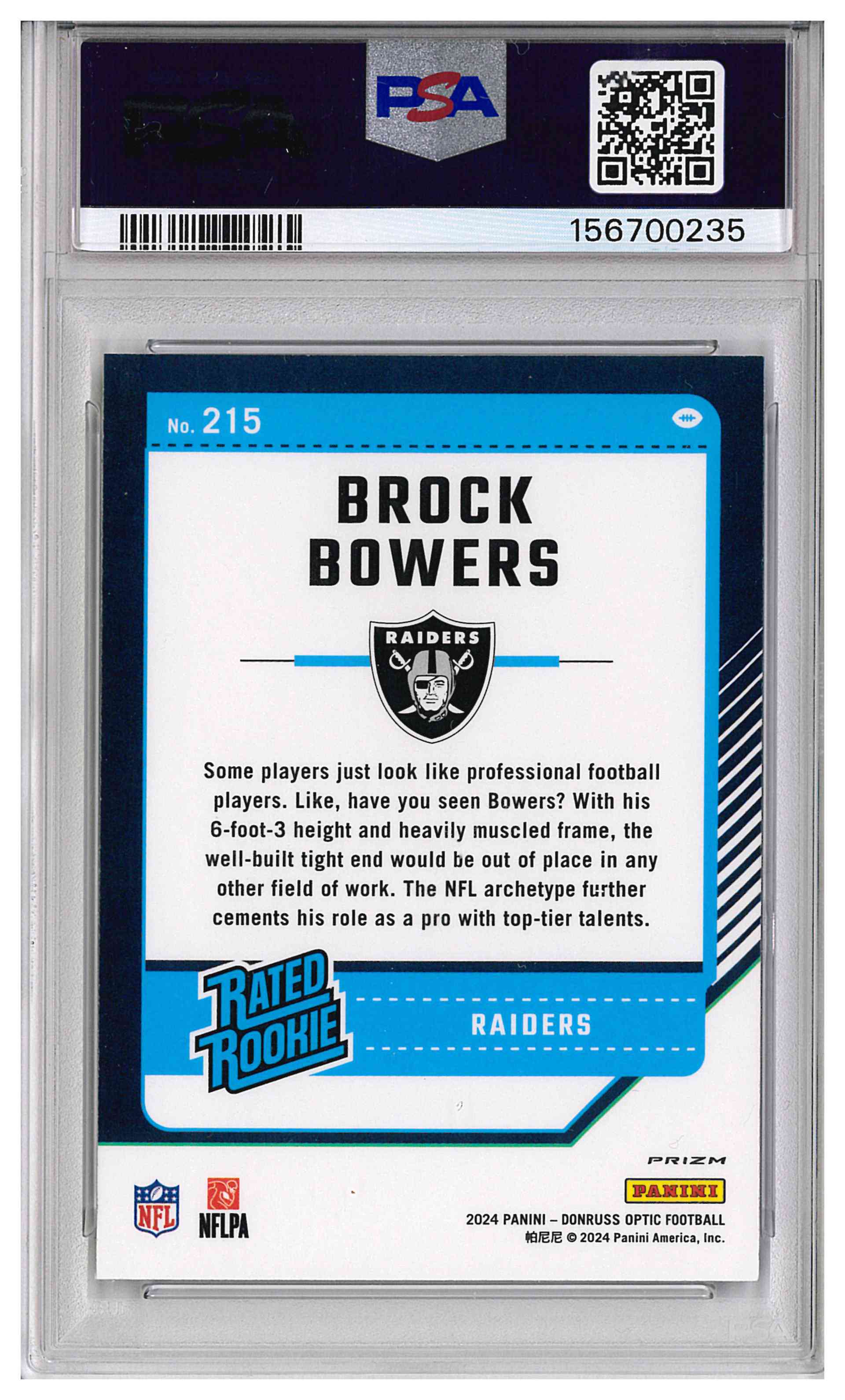 2024 Donruss Optic Brock Bowers Rookie Purple Shock RC PSA 10 GEM MT!, reverse