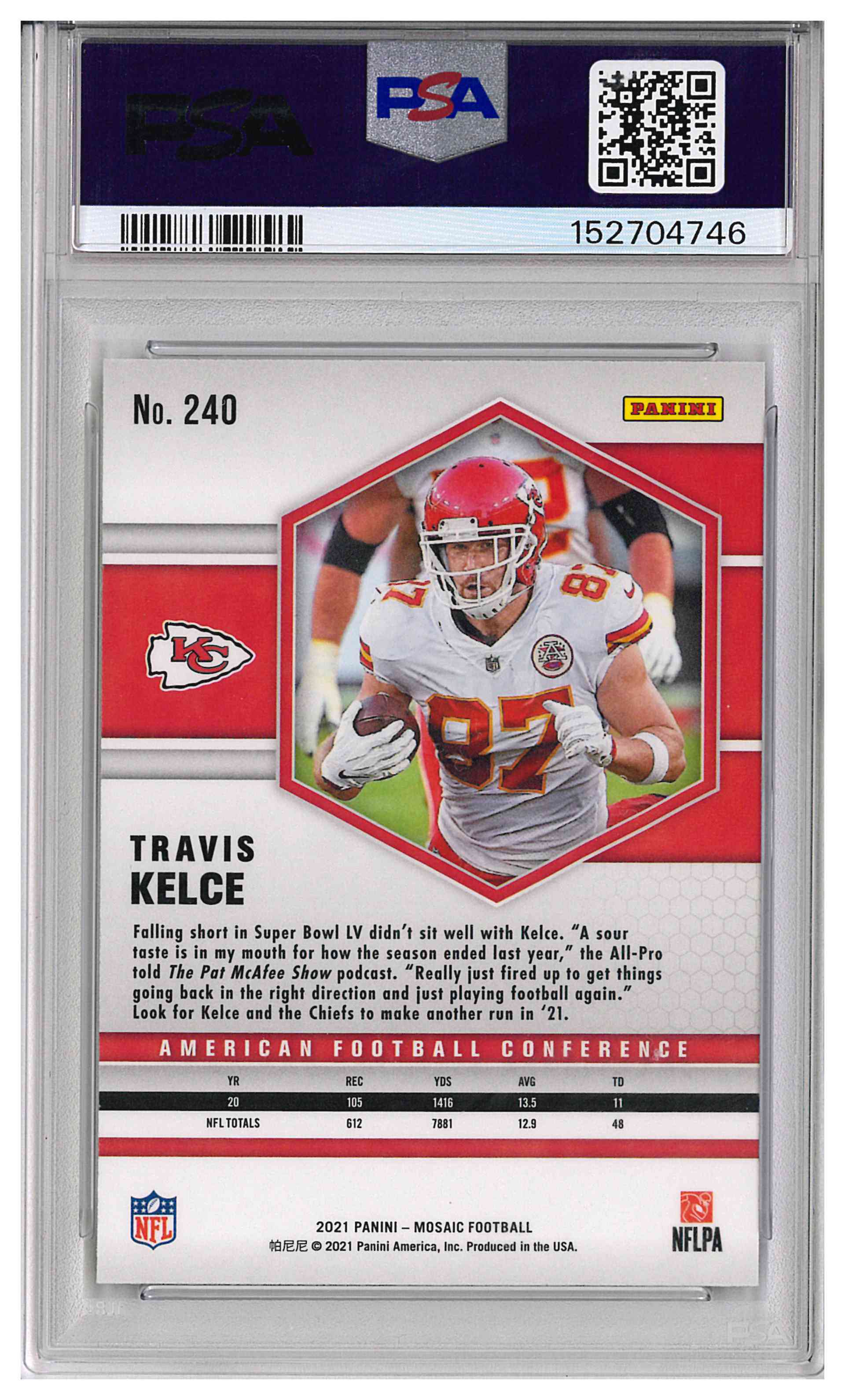 2021 PANINI MOSAIC #240 TRAVIS KELCE CHIEFS, reverse