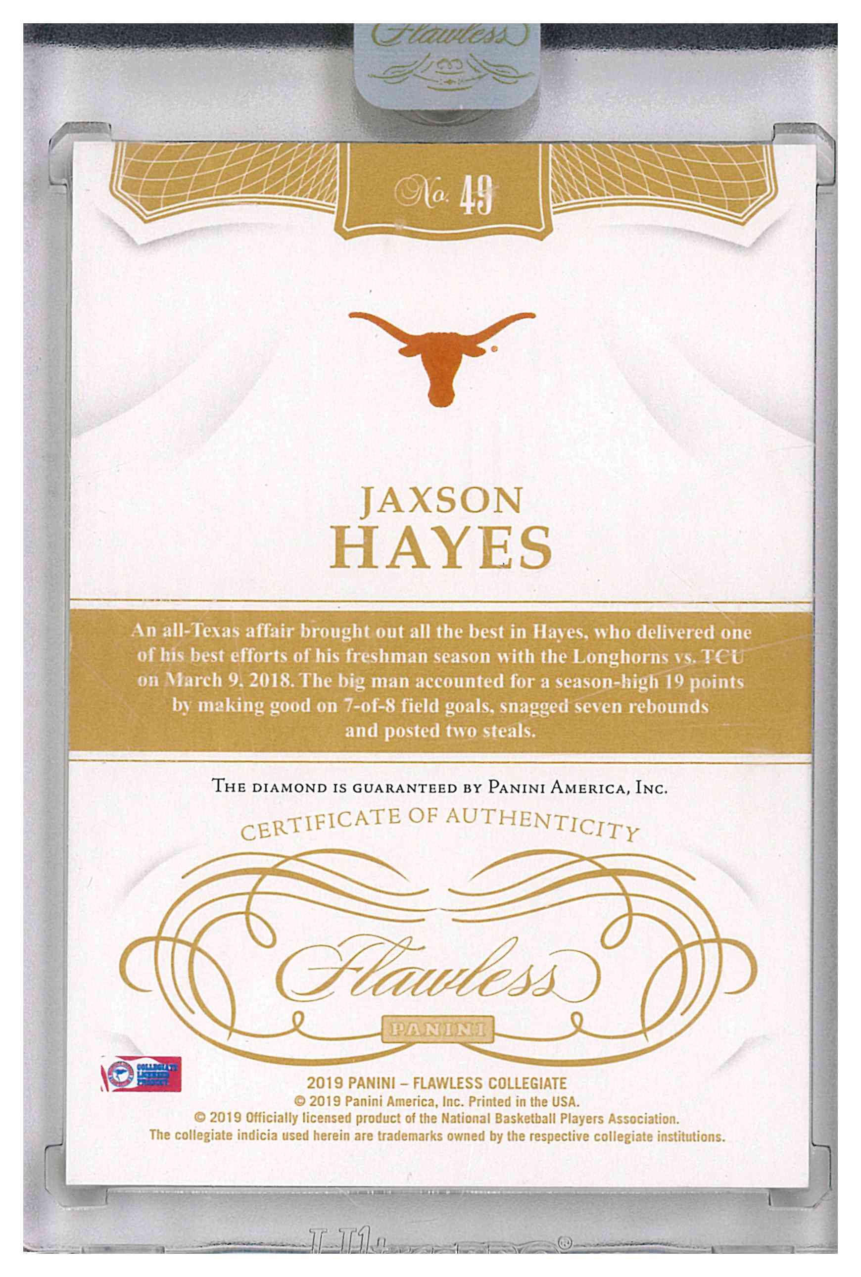 2019 Panini Flawless Collegiate Jaxson Hayes Diamond /20, reverse