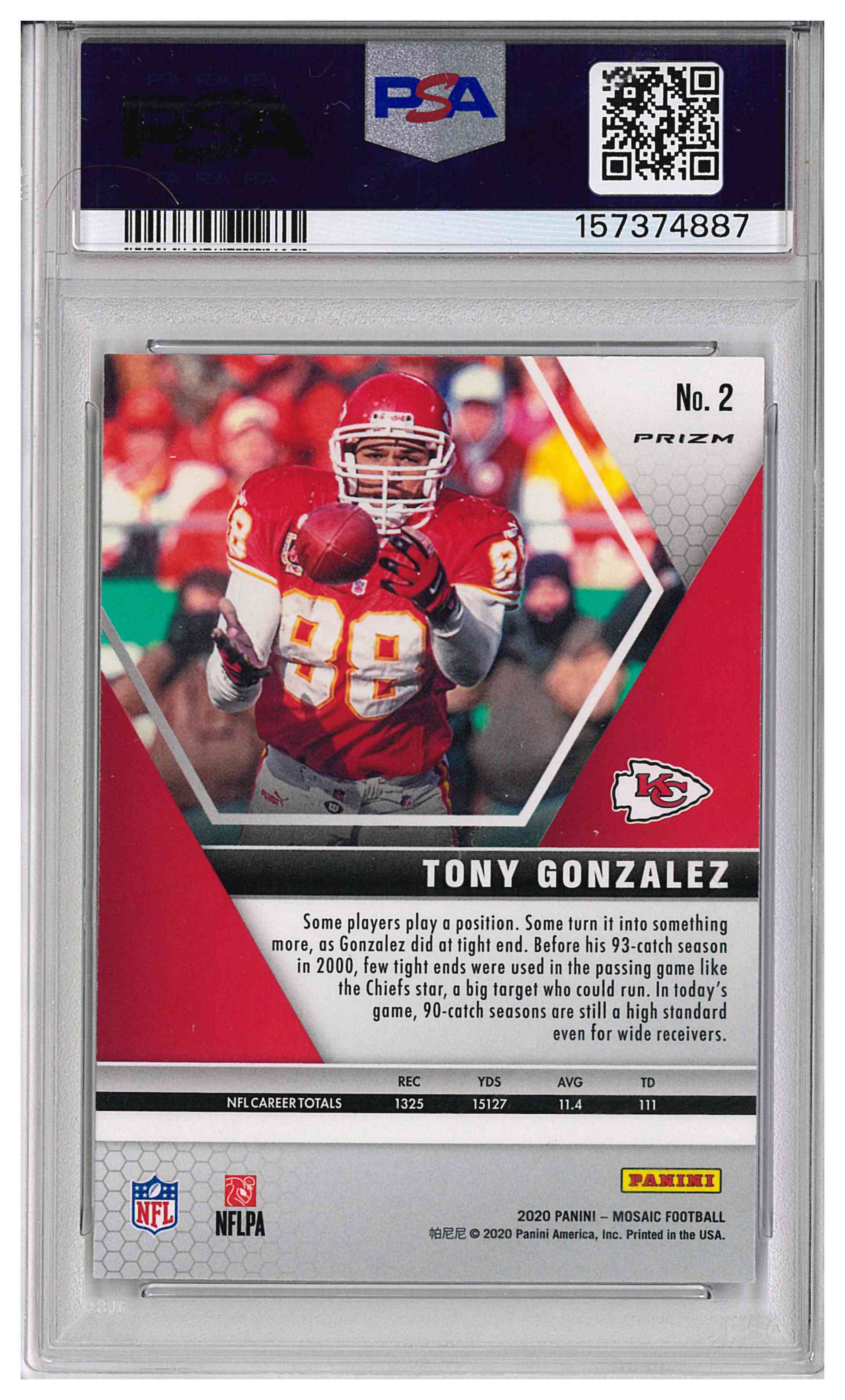 2020 PANINI MOSAIC REACTIVE BLUE PRIZM #2 TONY GONZALEZ HOF, reverse
