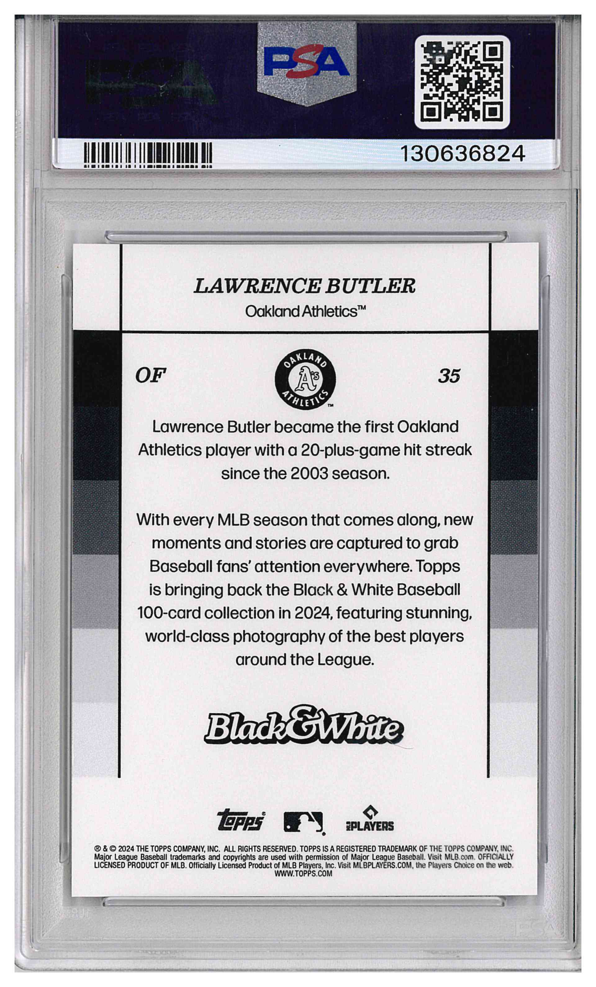 2024 Topps Black & White Lawrence Butler /25 Purple Parallel # 35 Gem PSA 10, reverse