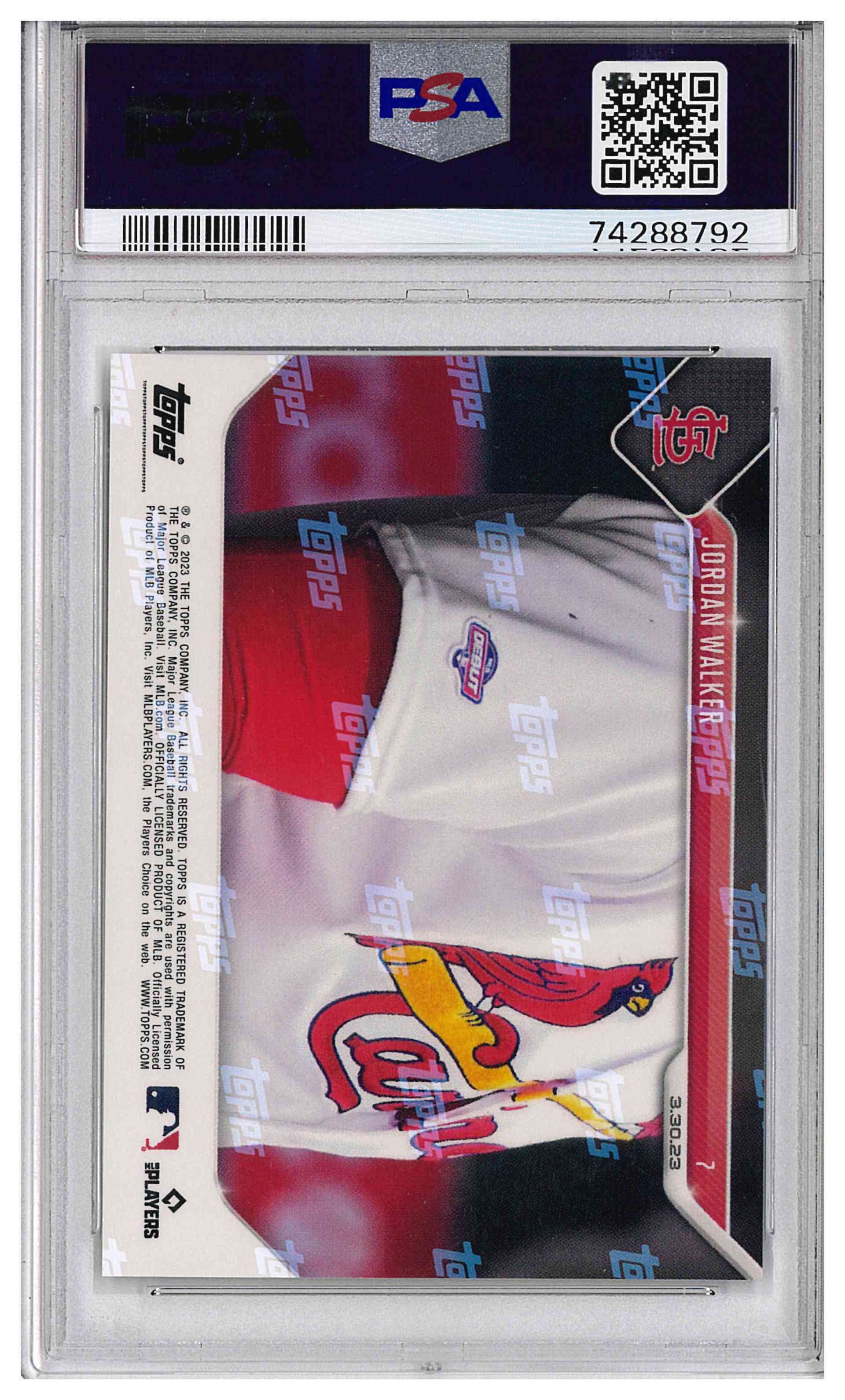 2023 Topps Now 7 Jordan Walker First Hit On Opening Day RC Cardinals PSA 10, reverse
