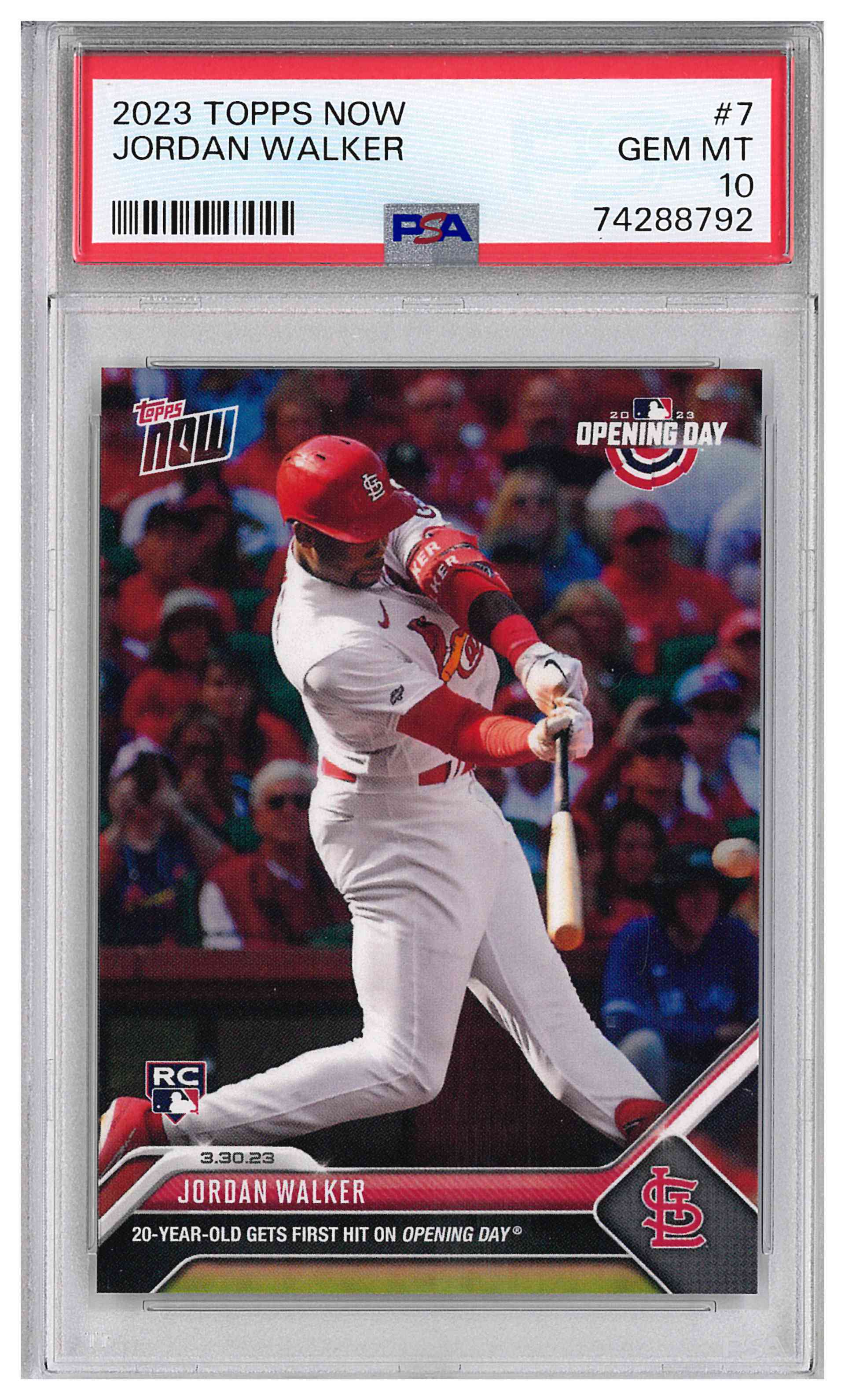 2023 Topps Now 7 Jordan Walker First Hit On Opening Day RC Cardinals PSA 10