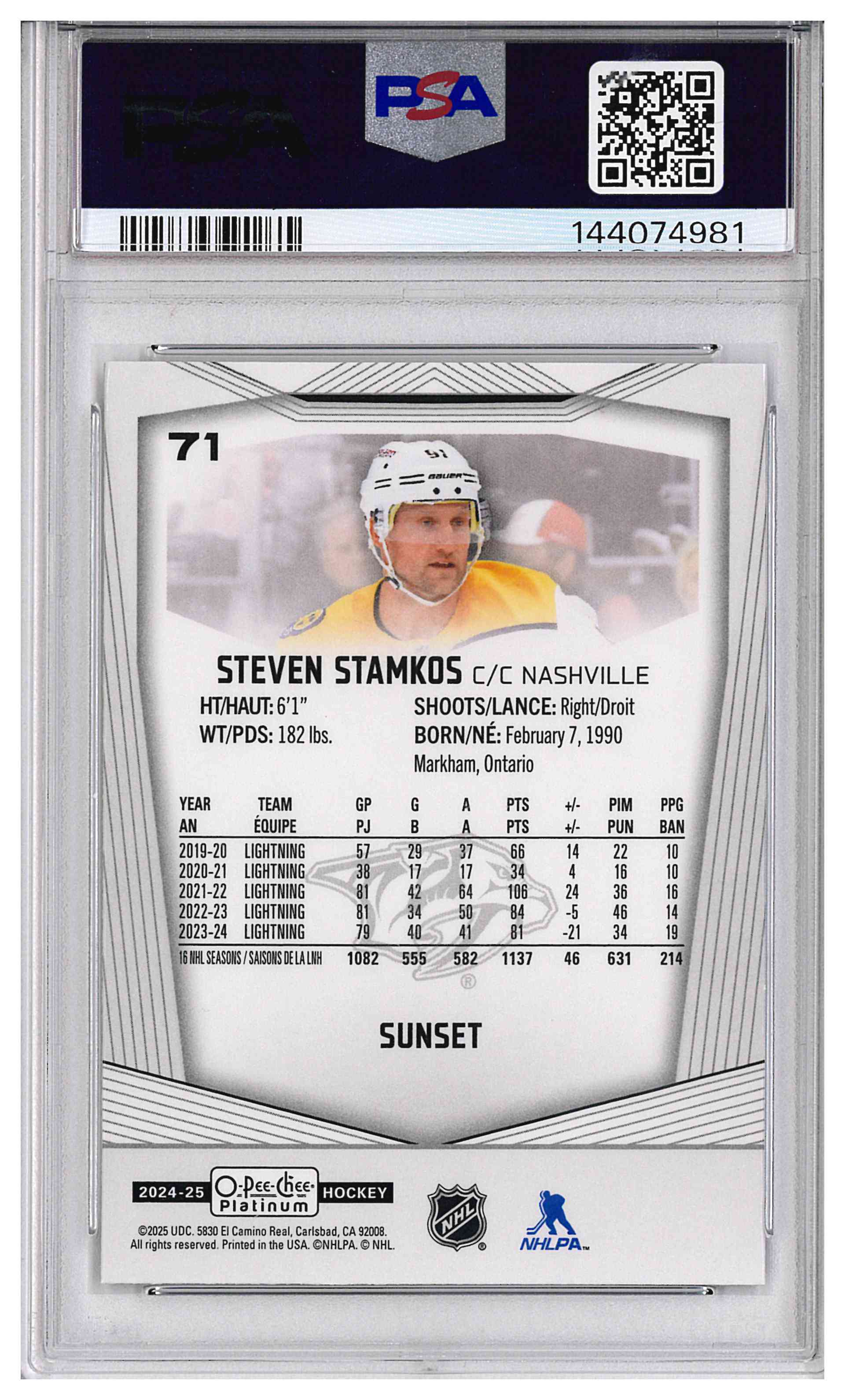 2024 - Steven Stamkos #71 Sunset PSA 10 POP 1 O-Pee-Chee Platinum, reverse