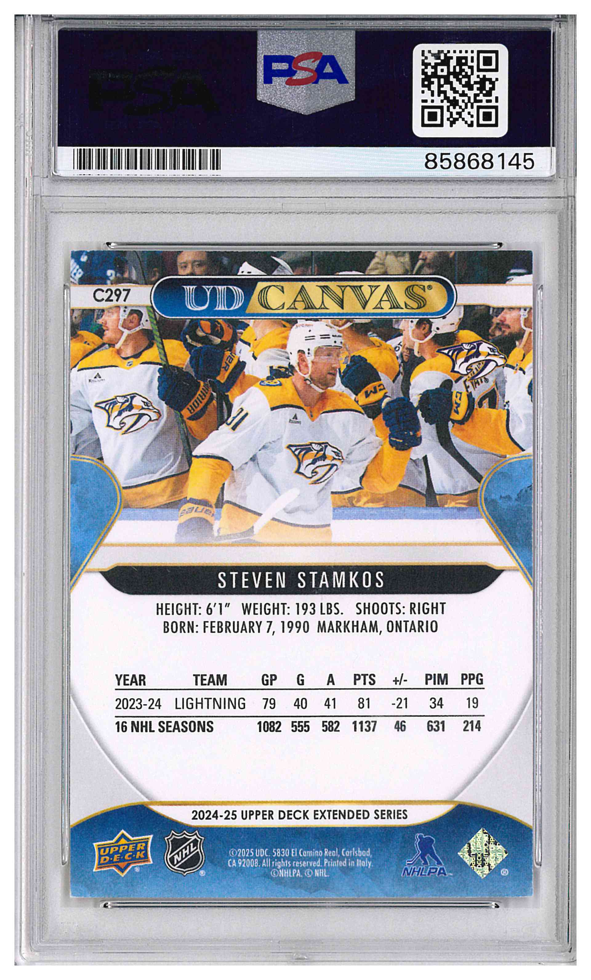 Steven Stamkos Signed 2024-25 Upper Deck UD Canvas IP Auto PSA/DNA Predators, reverse